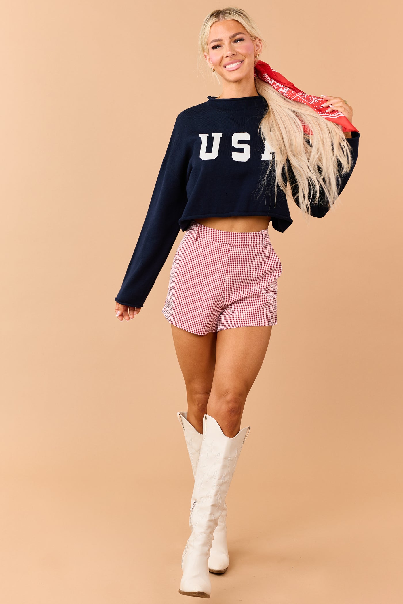 Navy 'USA' Cropped Long Sleeve Sweater