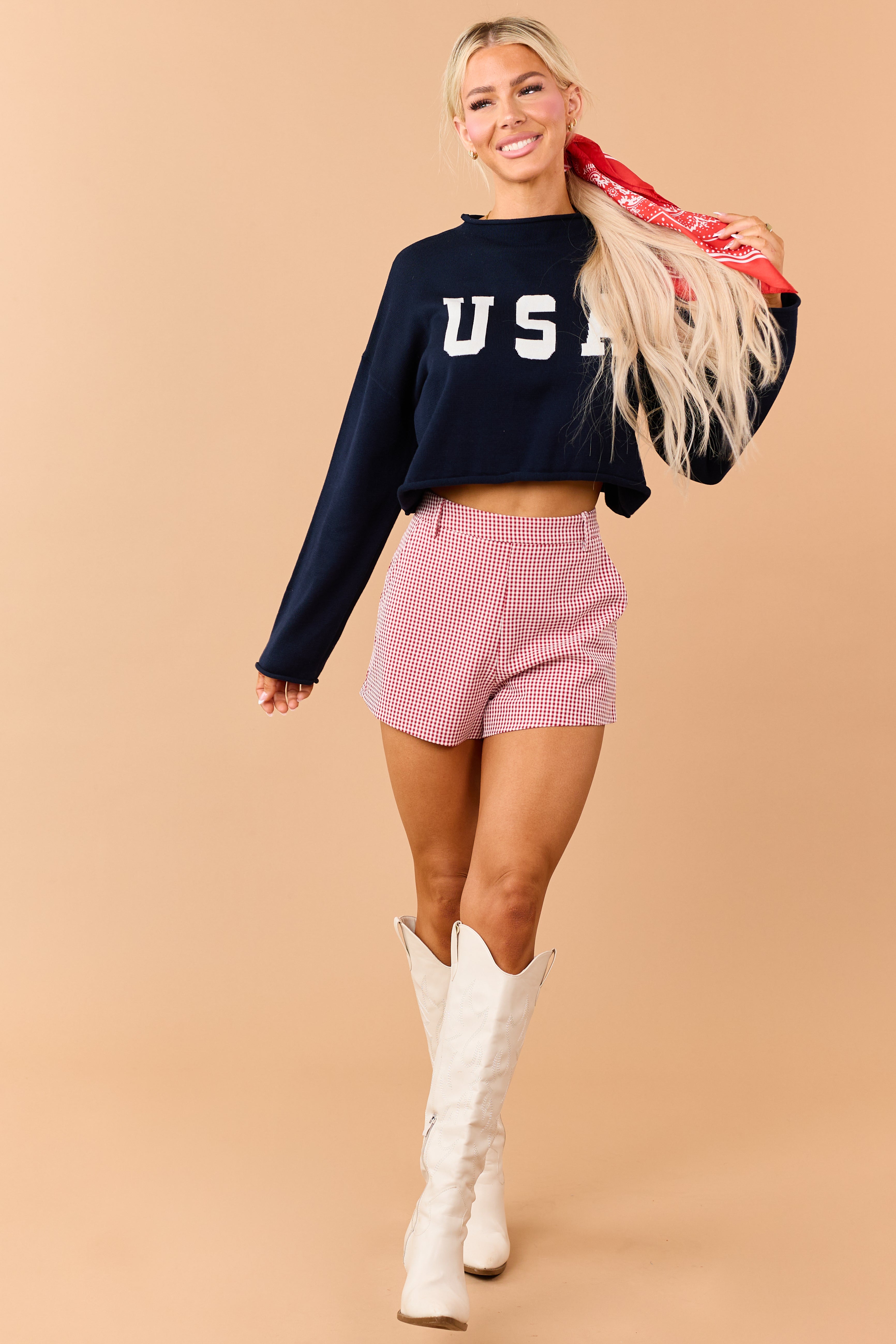 Navy 'USA' Cropped Long Sleeve Sweater