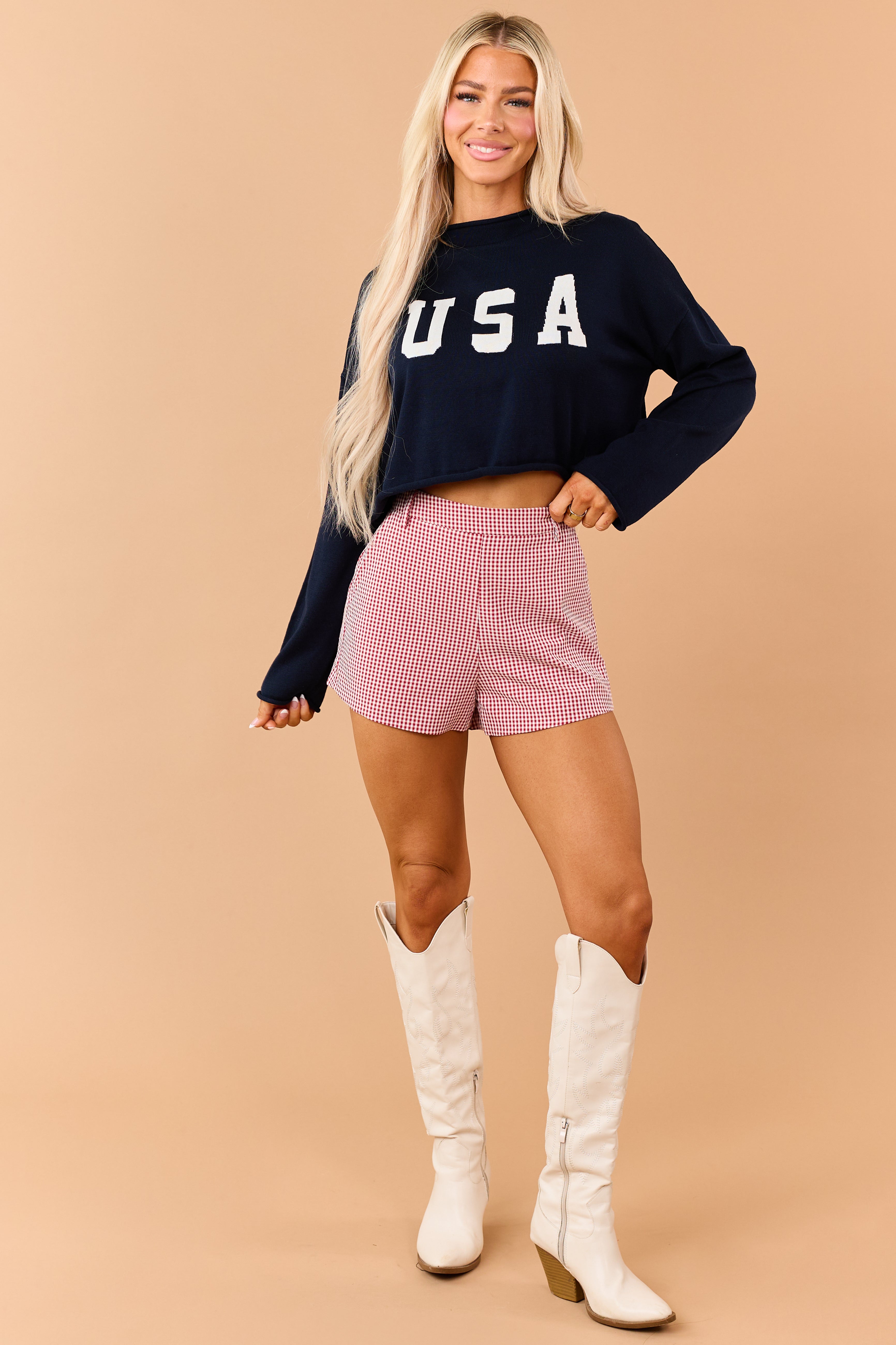 Navy 'USA' Cropped Long Sleeve Sweater