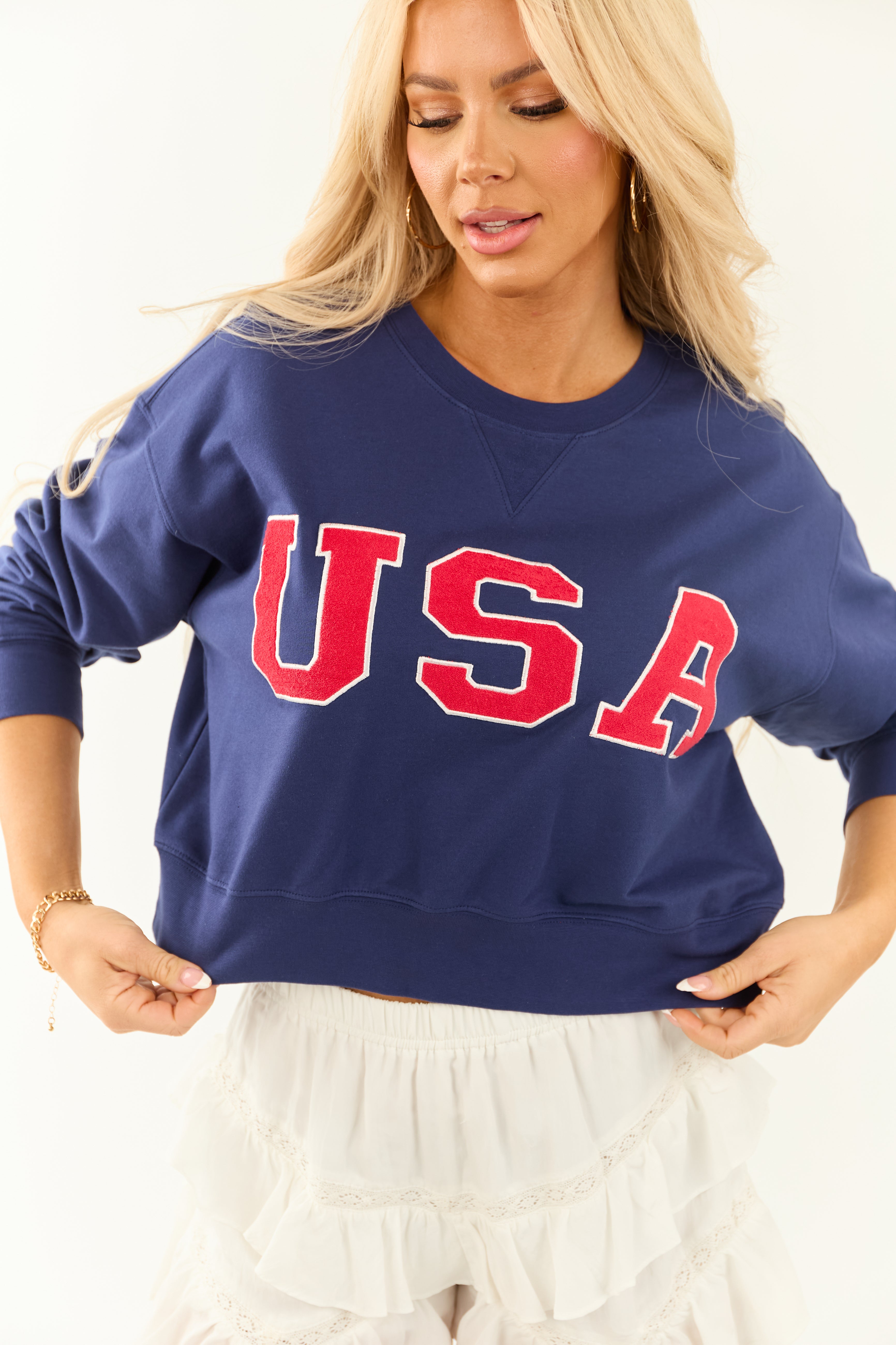 Navy 'USA' Graphic Cropped Crew Neck Sweatshirt