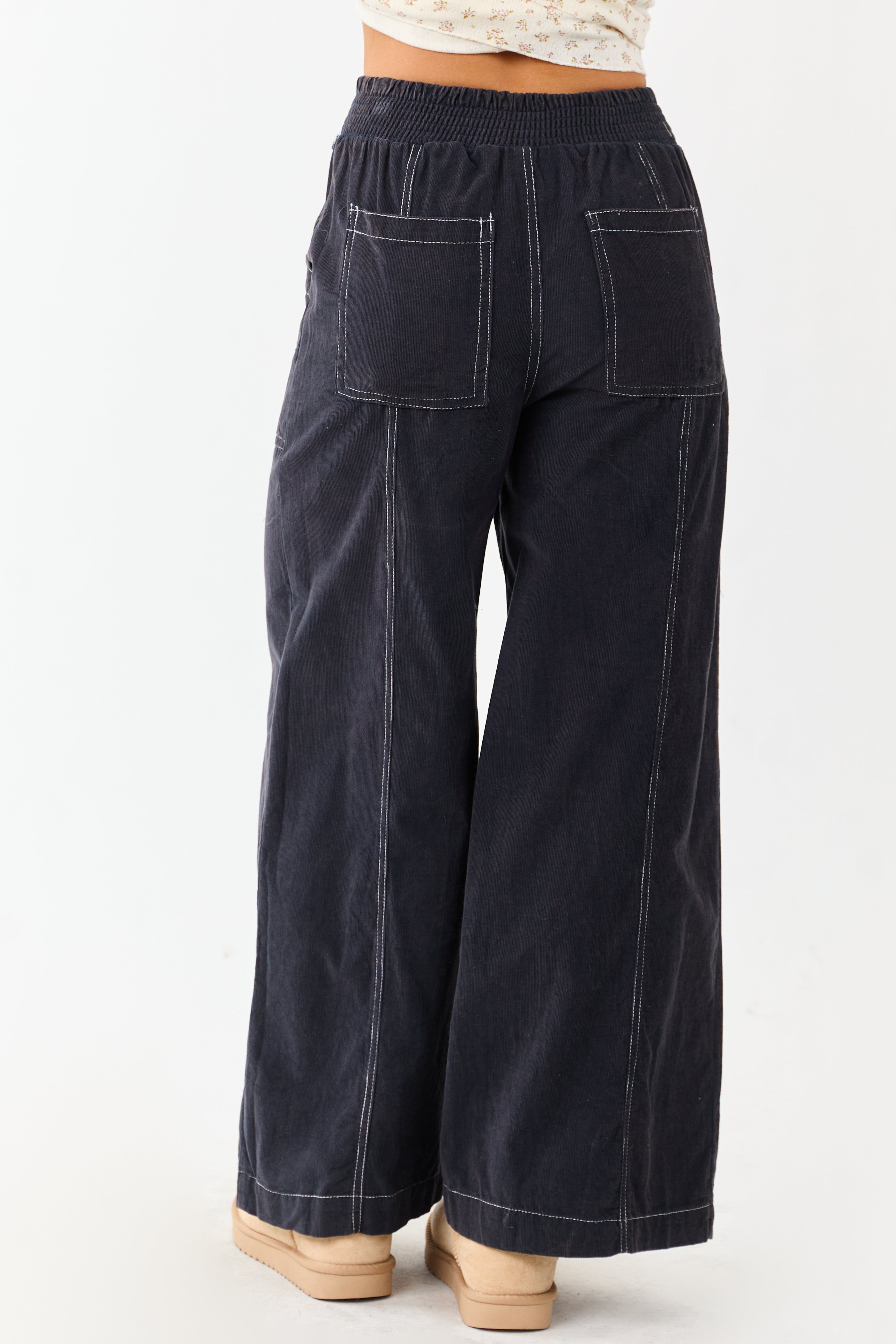 Navy Washed Corduroy Smocked Waist Wide Leg Pants
