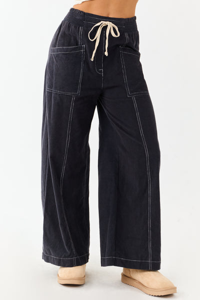 Navy Washed Corduroy Smocked Waist Wide Leg Pants