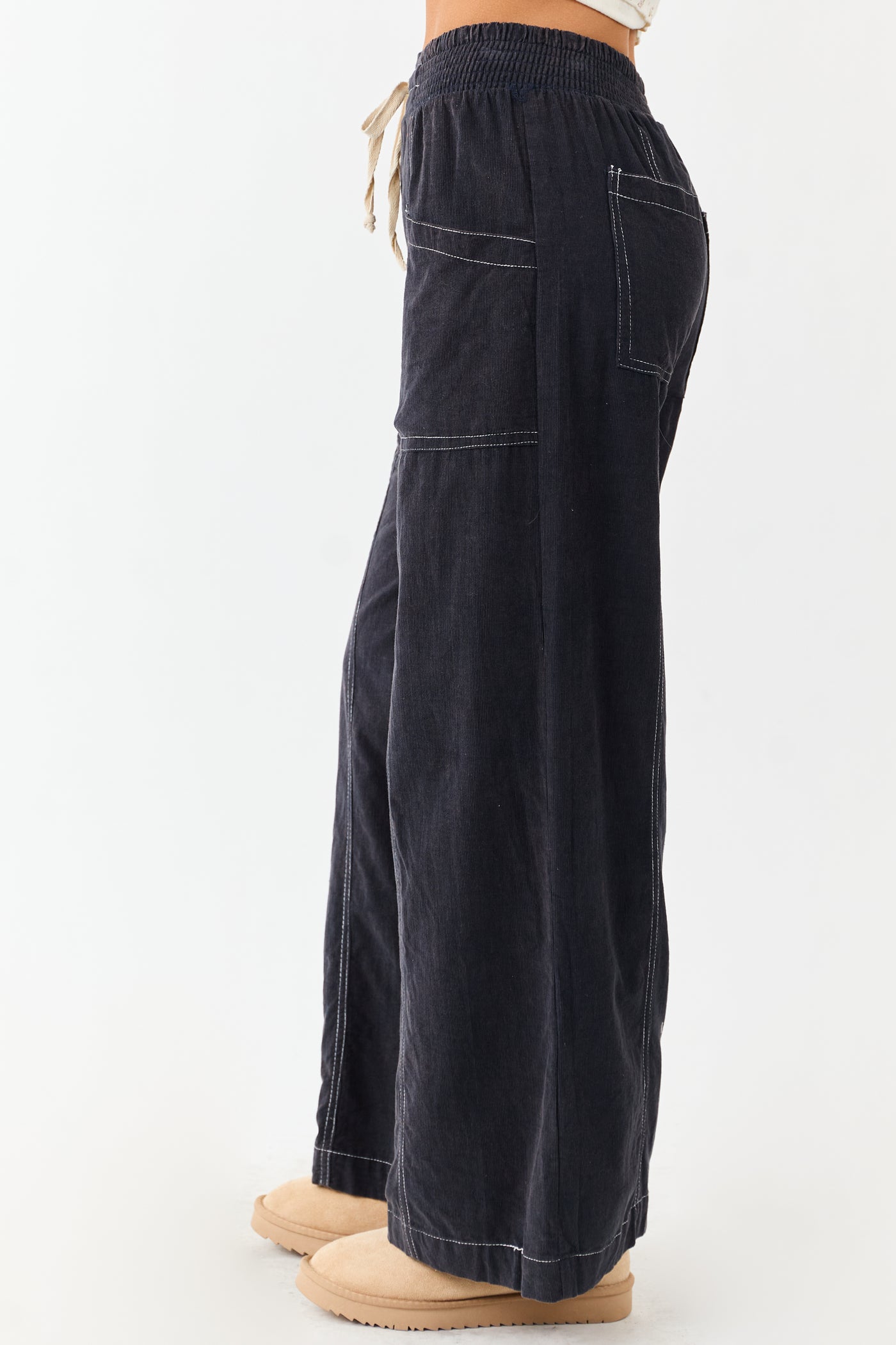Navy Washed Corduroy Smocked Waist Wide Leg Pants