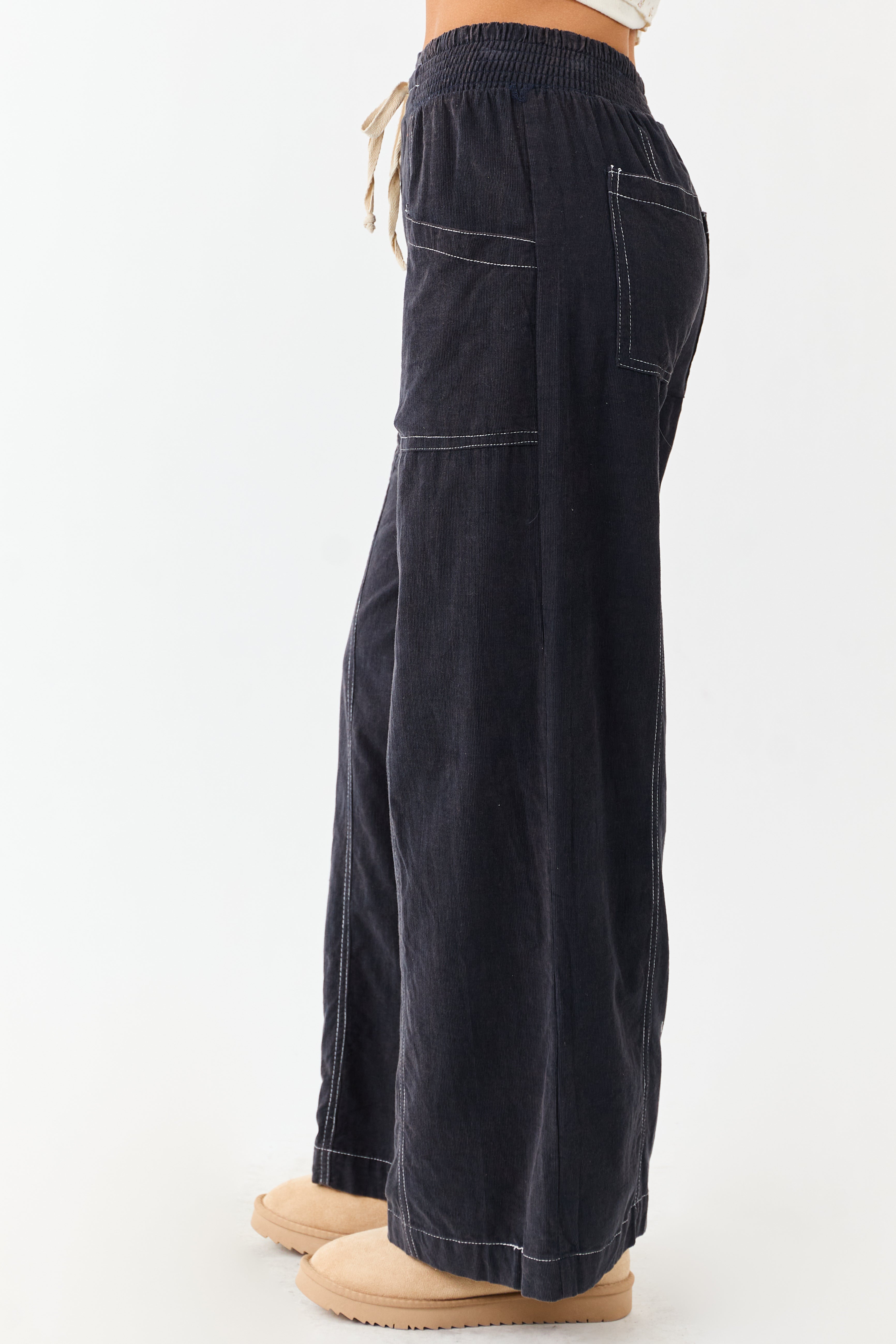 Navy Washed Corduroy Smocked Waist Wide Leg Pants