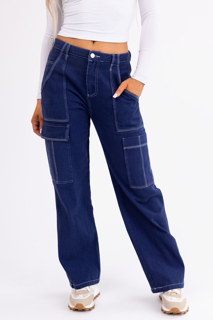 Navy Wide Leg Cargo Pants with White Stitching