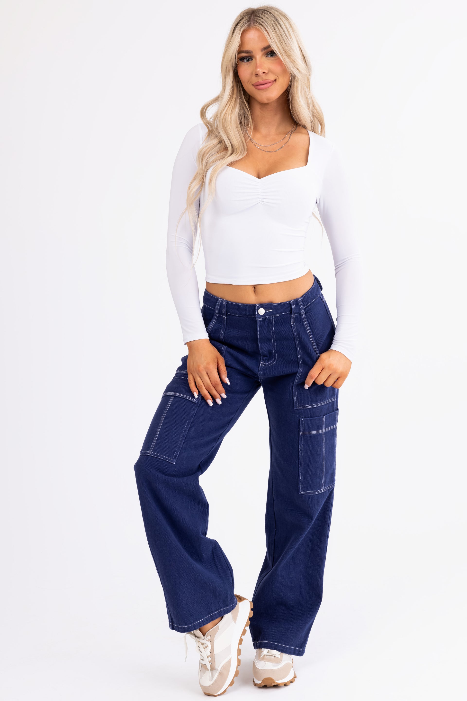 Navy Wide Leg Cargo Pants Stitching