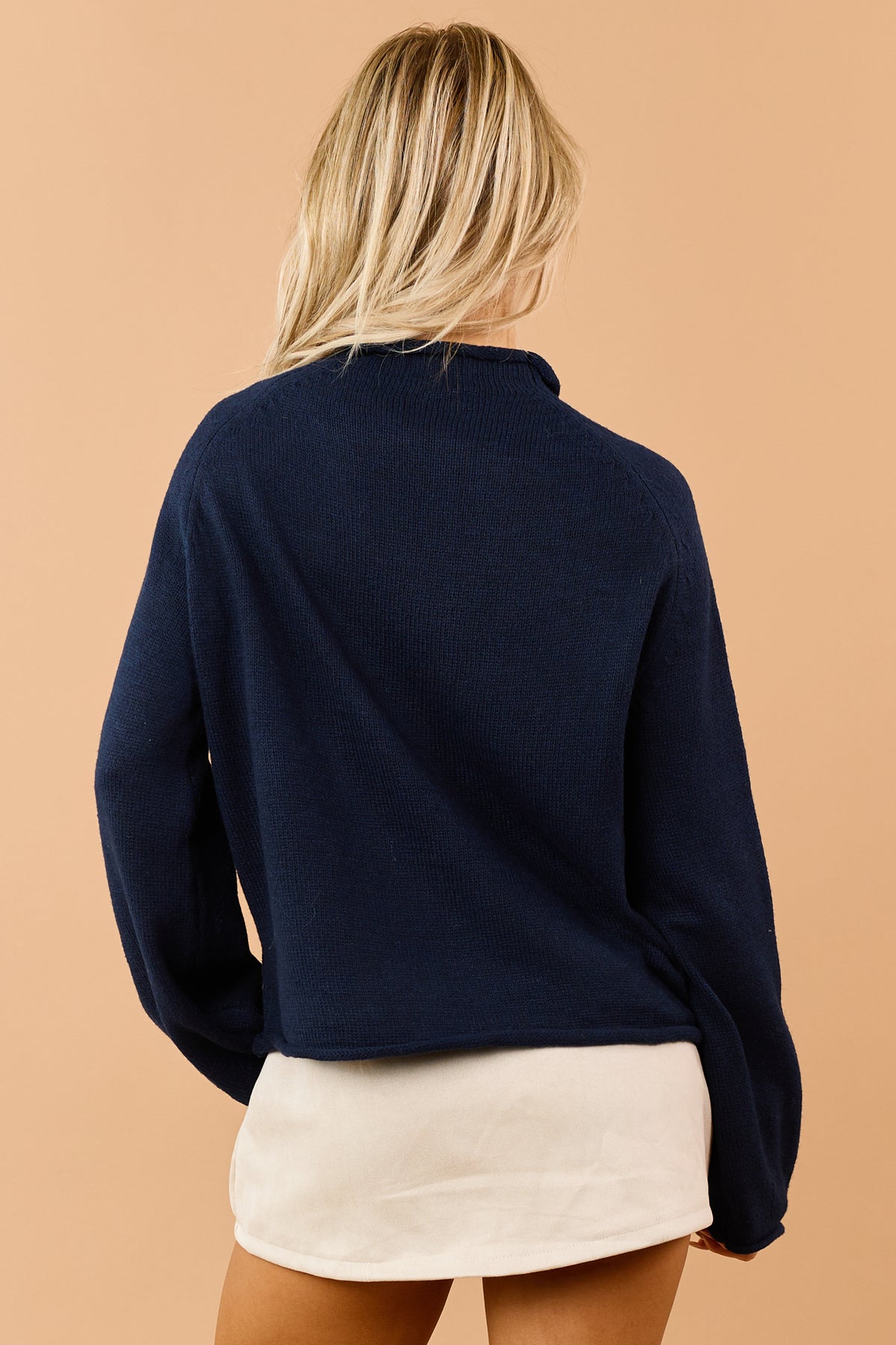 Navy Wool Blend Swan Graphic Rib Knit Sweater