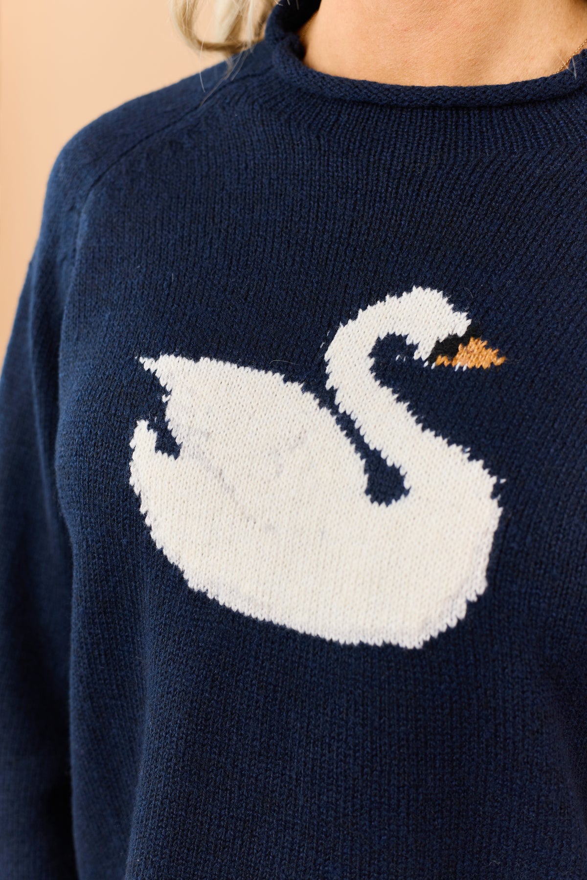 Navy Wool Blend Swan Graphic Rib Knit Sweater