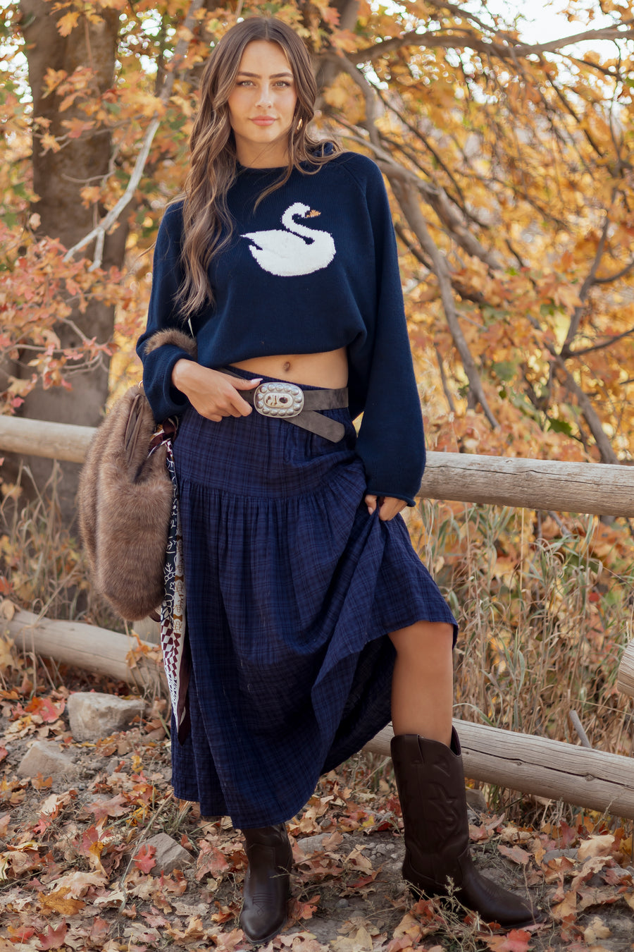 Navy Wool Blend Swan Graphic Rib Knit Sweater
