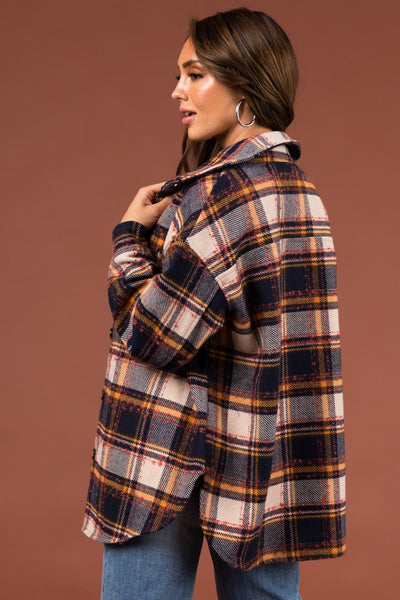 Navy and Champagne Plaid Long Sleeve Shacket