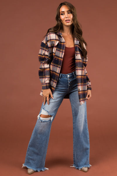 Navy and Champagne Plaid Long Sleeve Shacket