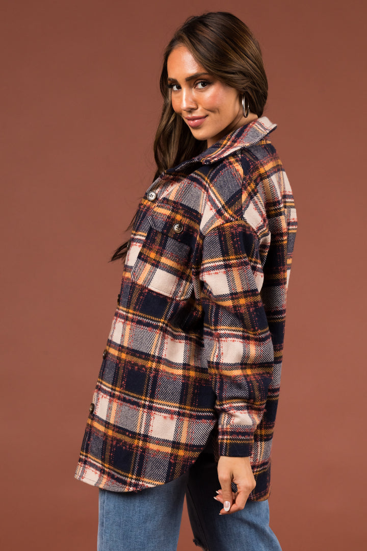 Navy and Champagne Plaid Long Sleeve Shacket