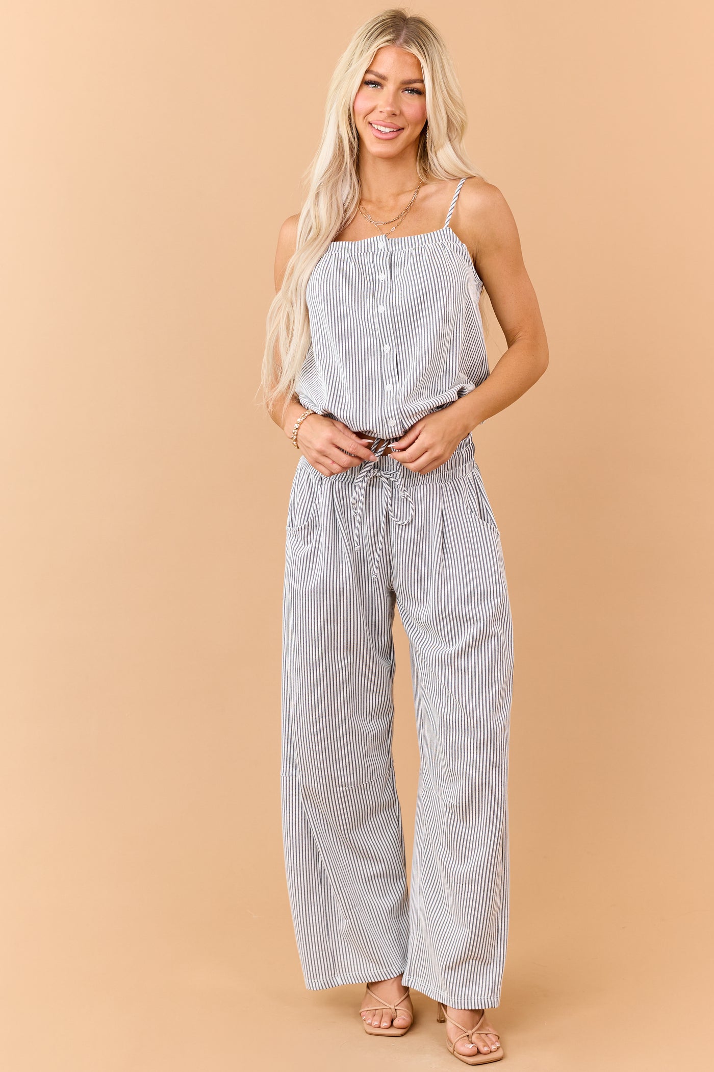 Navy and Cream Button Down Drawstring Tank Top