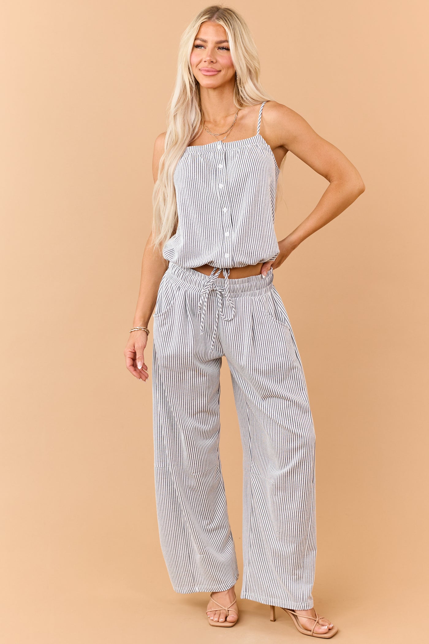 Navy and Cream Button Down Drawstring Tank Top