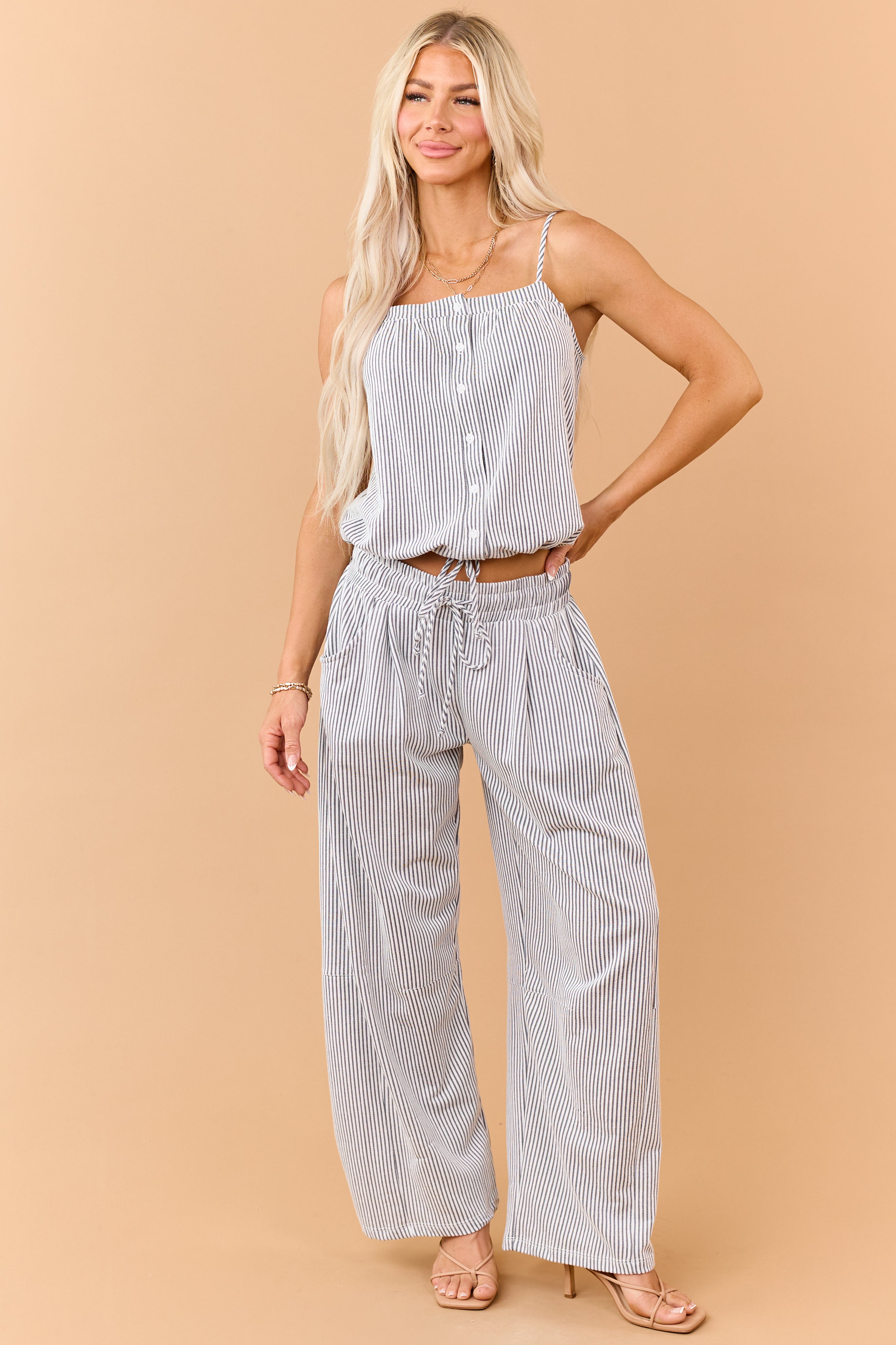 Navy and Cream Button Down Drawstring Tank Top