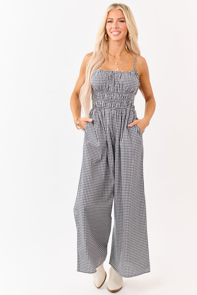 Navy and Cream Gingham Wide Leg Cotton Jumpsuit