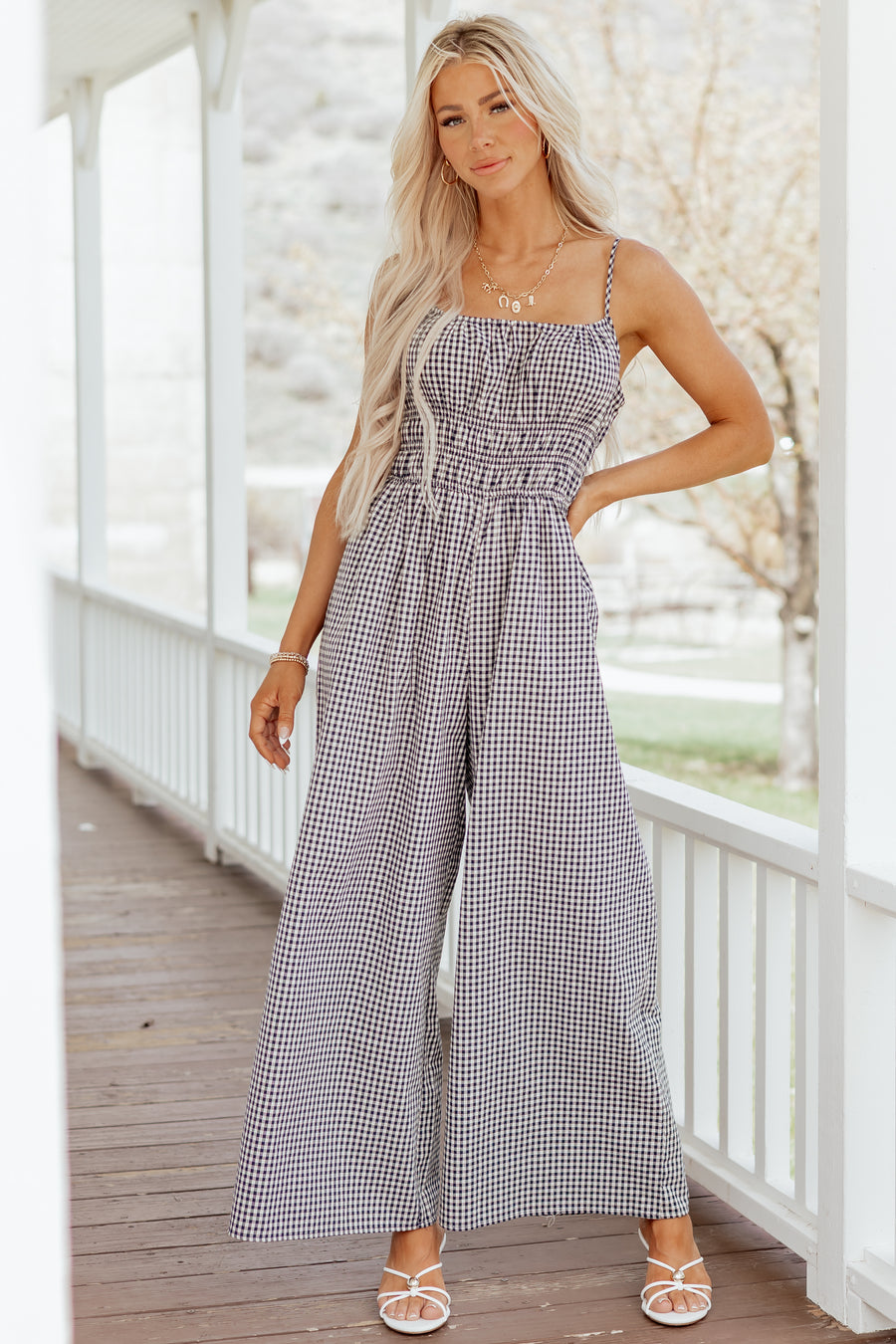 Navy and Cream Gingham Wide Leg Cotton Jumpsuit