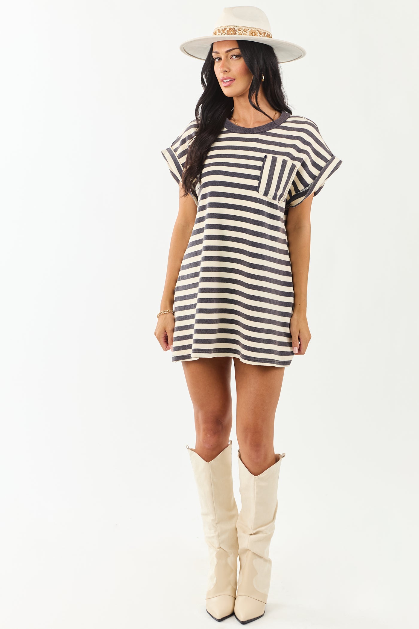 Navy and Cream Striped Cotton Tee Shirt Dress