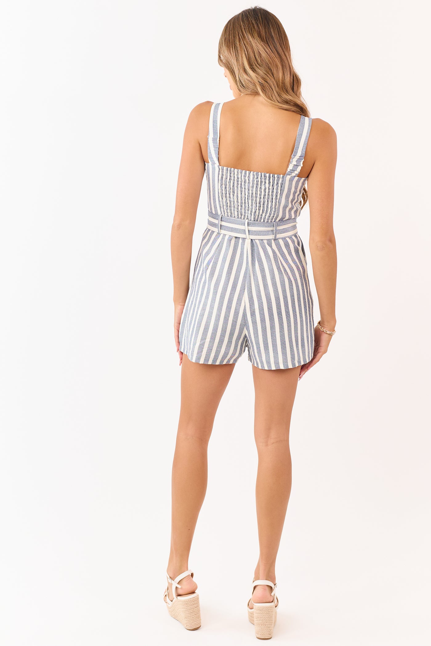Navy and Cream Striped Half Button Down Romper
