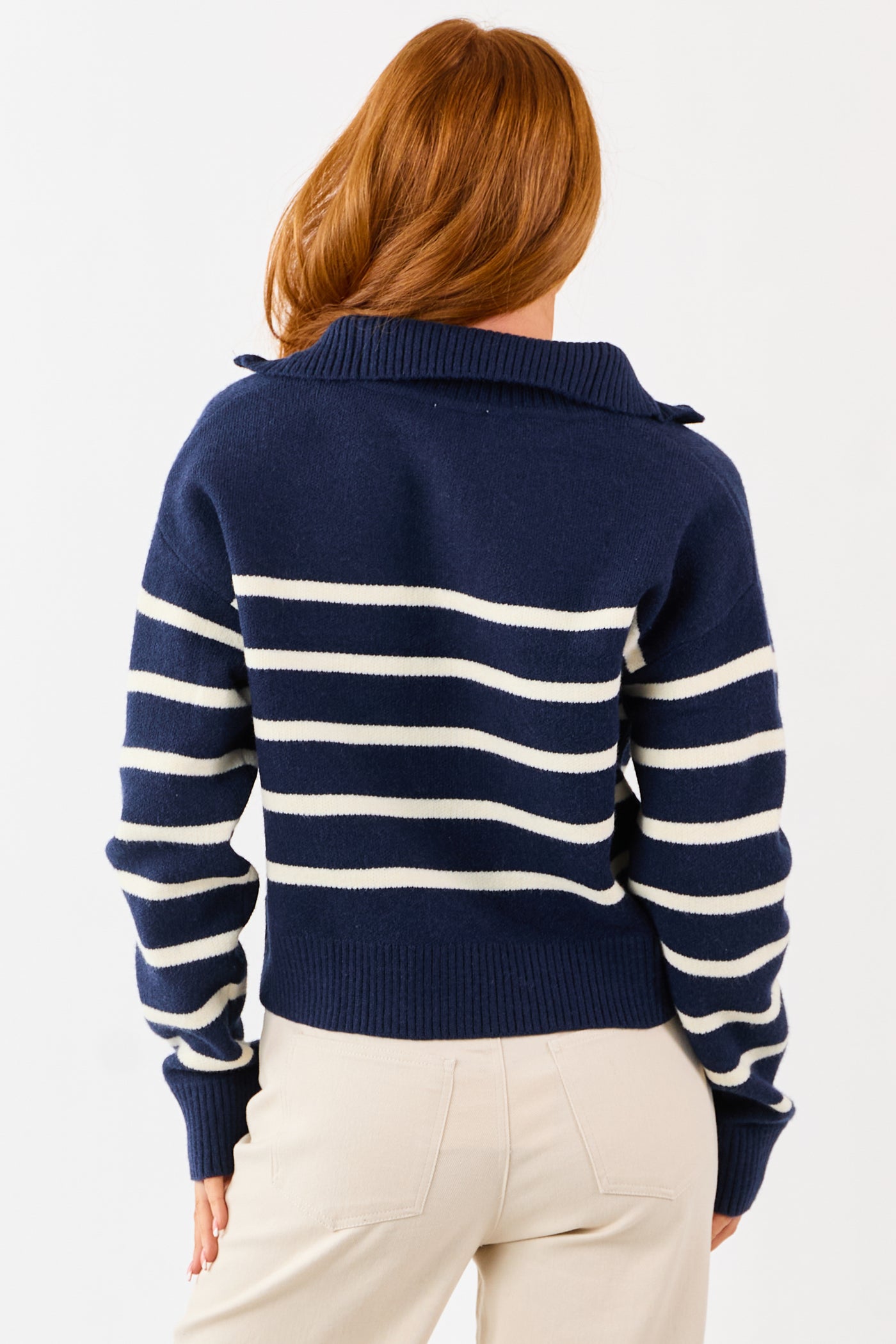 Navy and Cream Striped Half Zip Up Knit Sweater