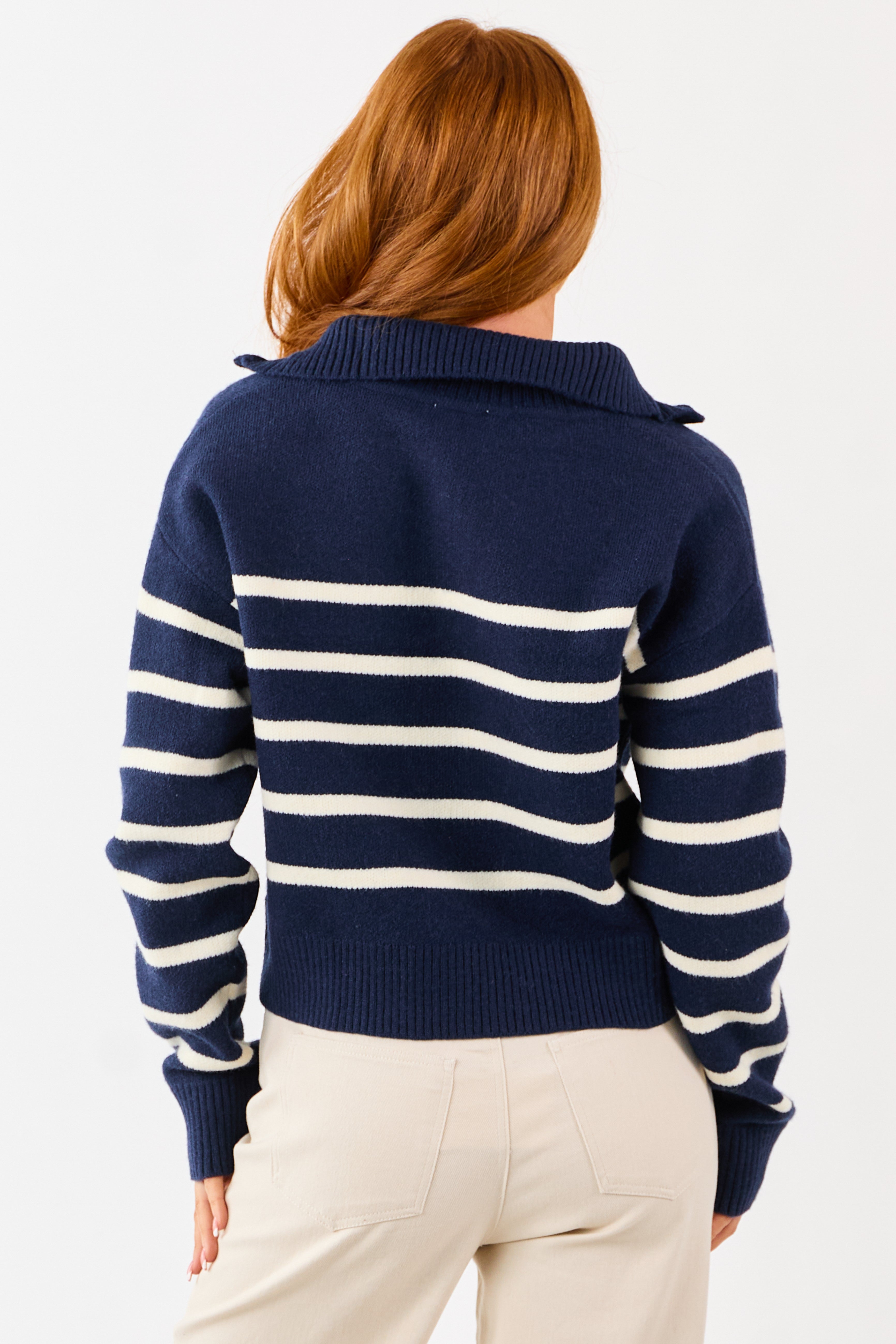Navy and Cream Striped Half Zip Up Knit Sweater