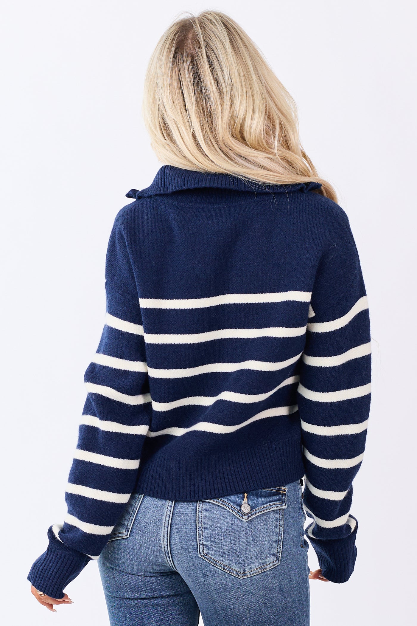 Navy and Cream Striped Half Zip Up Knit Sweater