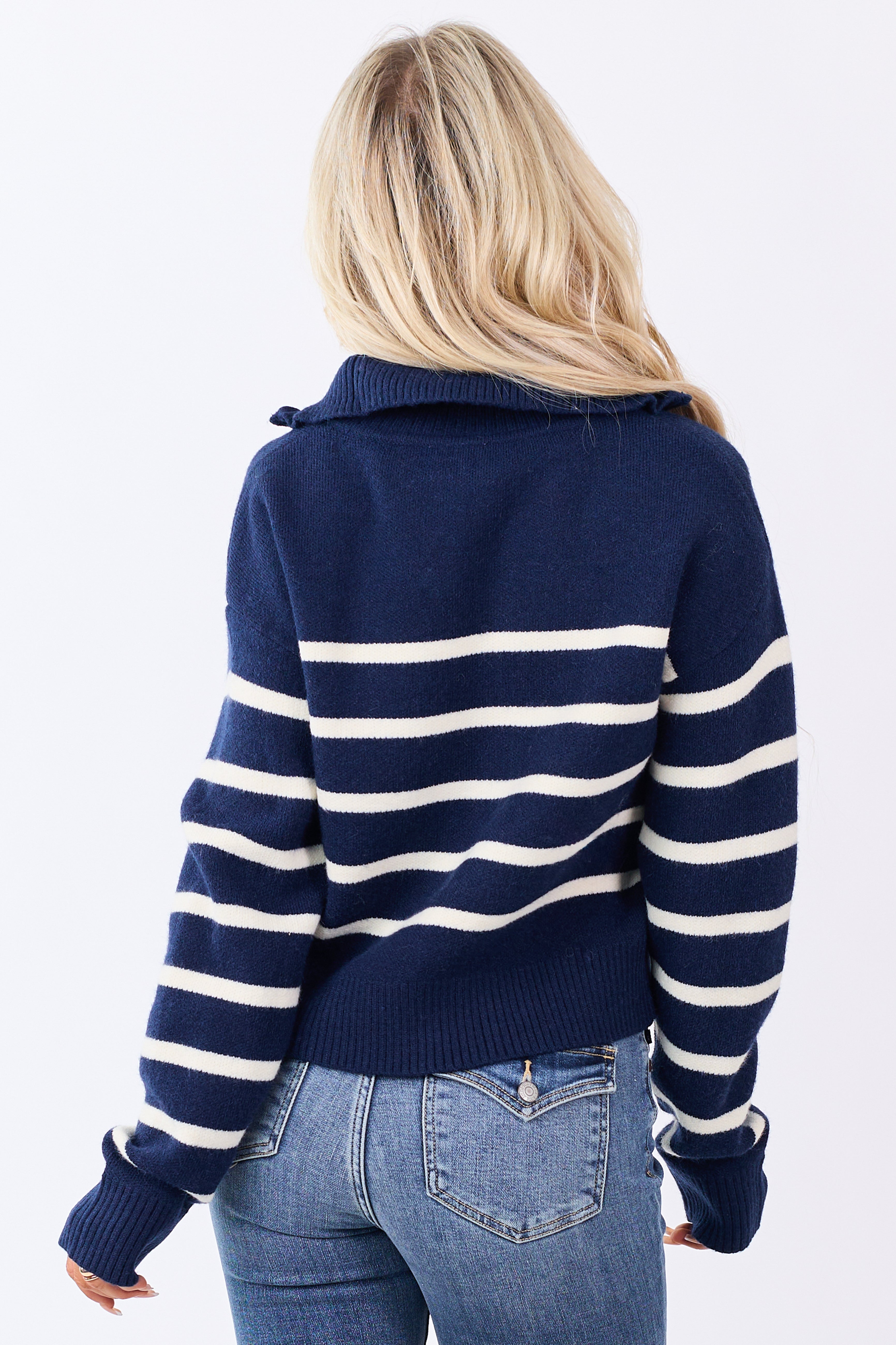 Navy and Cream Striped Half Zip Up Knit Sweater