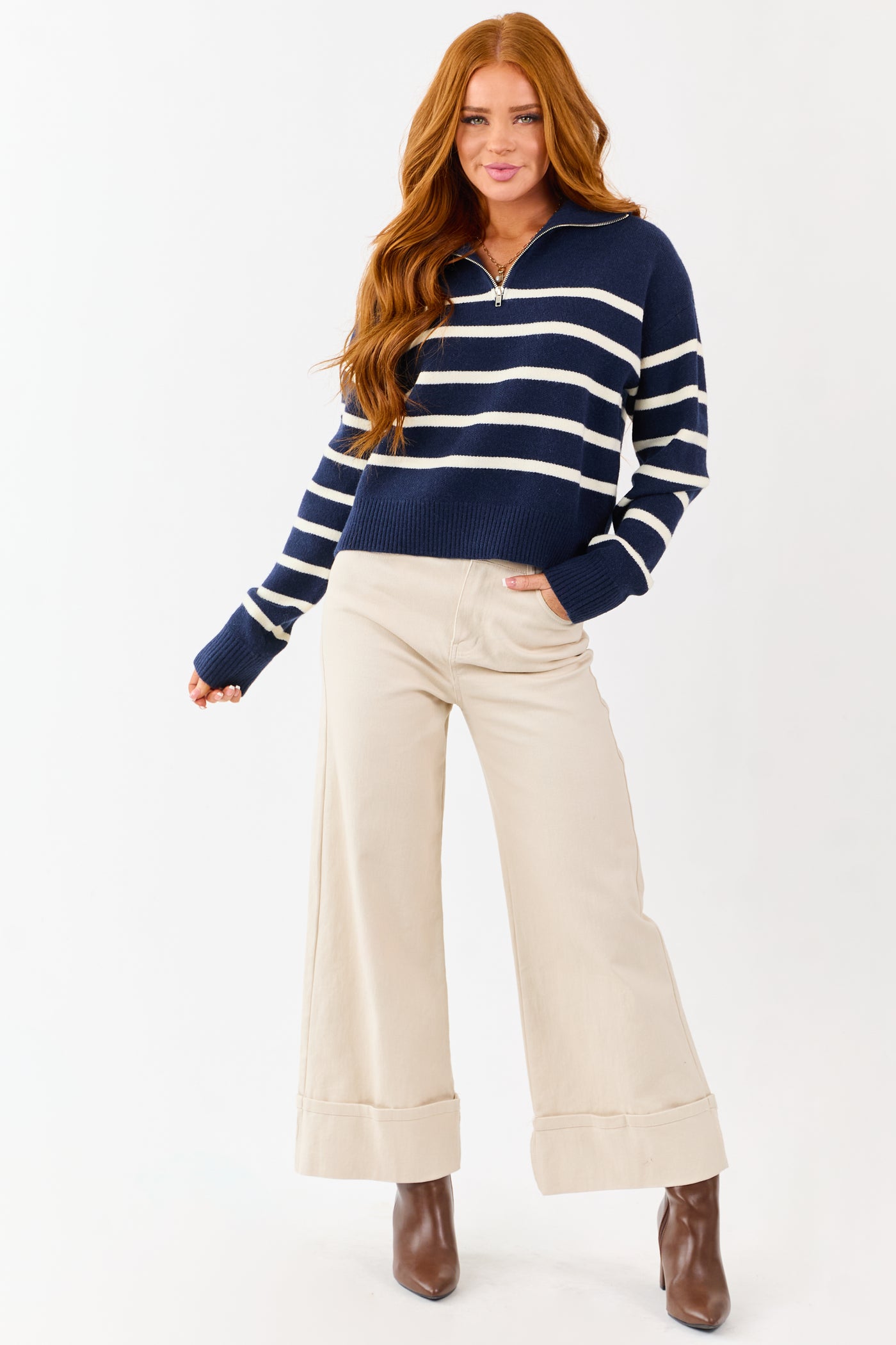 Navy and Cream Striped Half Zip Up Knit Sweater