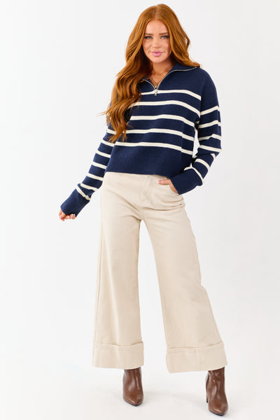 Navy and Cream Striped Half Zip Up Knit Sweater