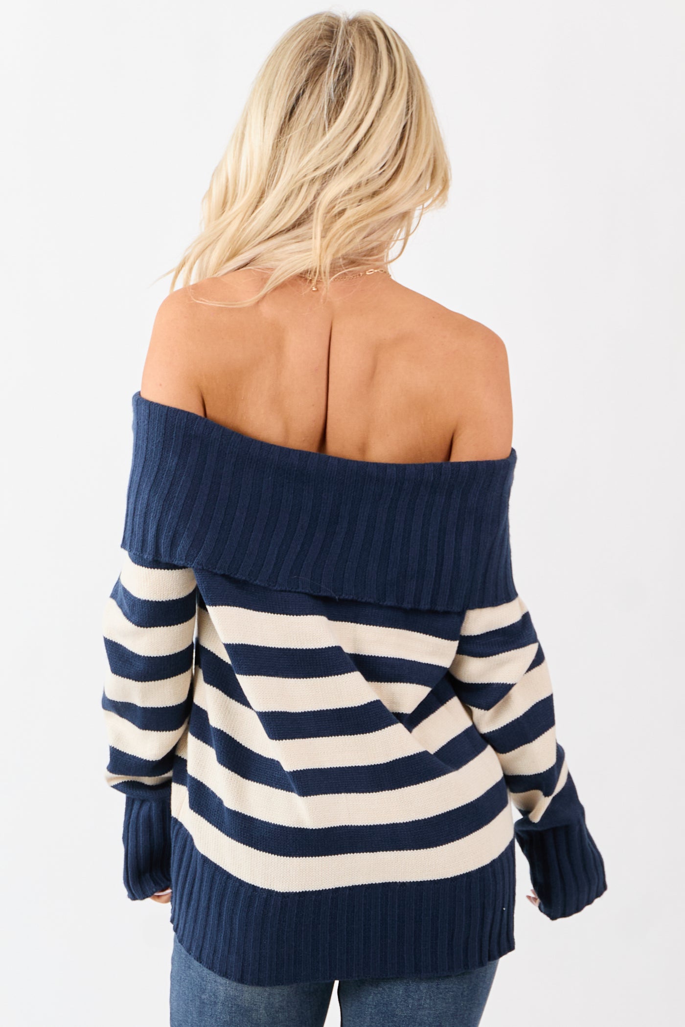Navy and Cream Striped Off Shoulder Sweater