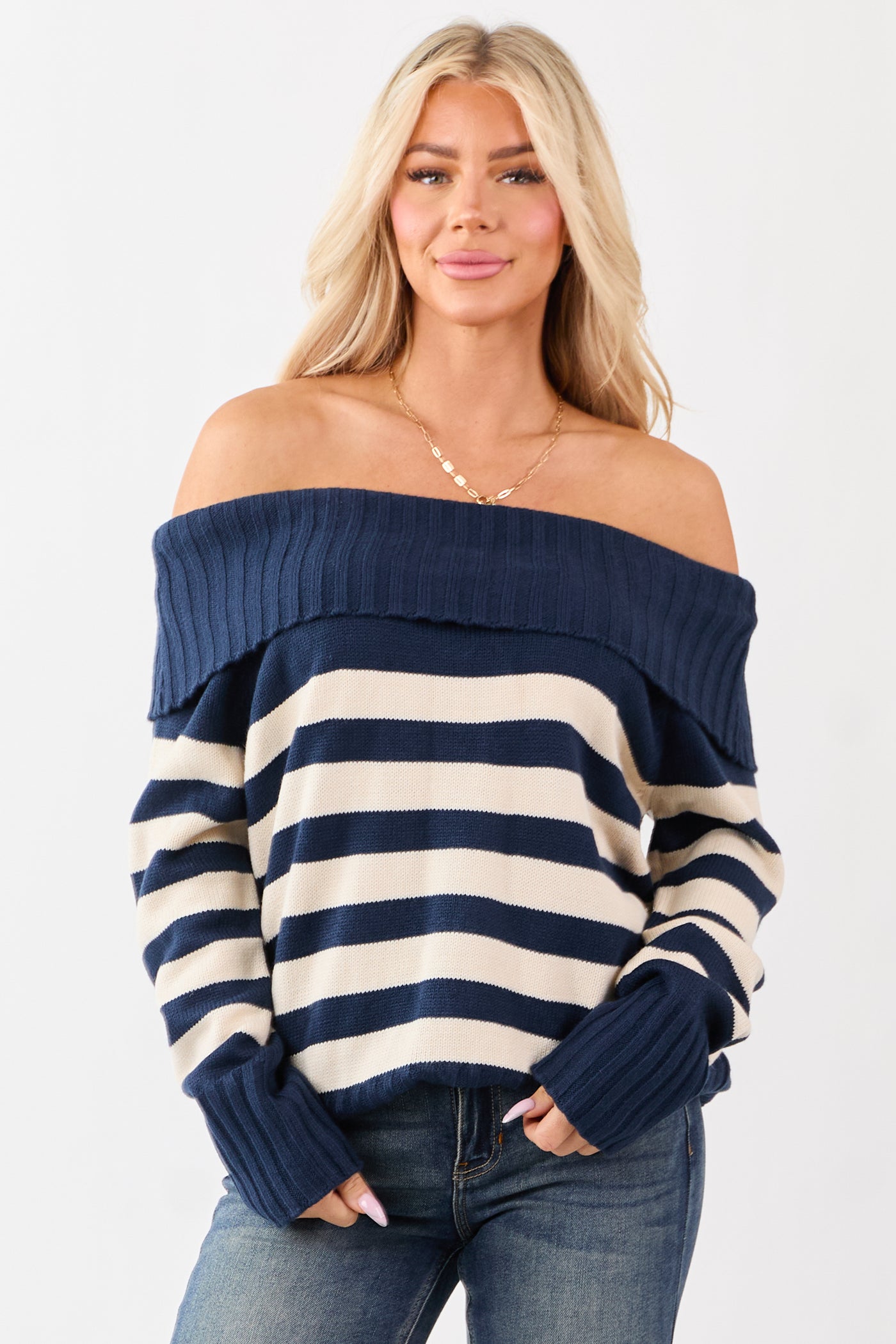 Navy and Cream Striped Off Shoulder Sweater
