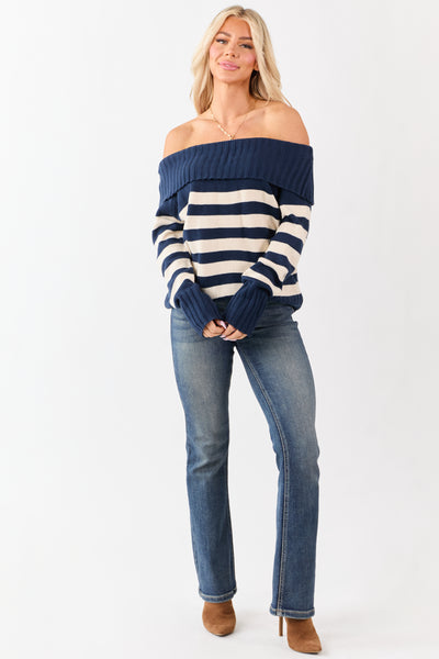 Navy and Cream Striped Off Shoulder Sweater