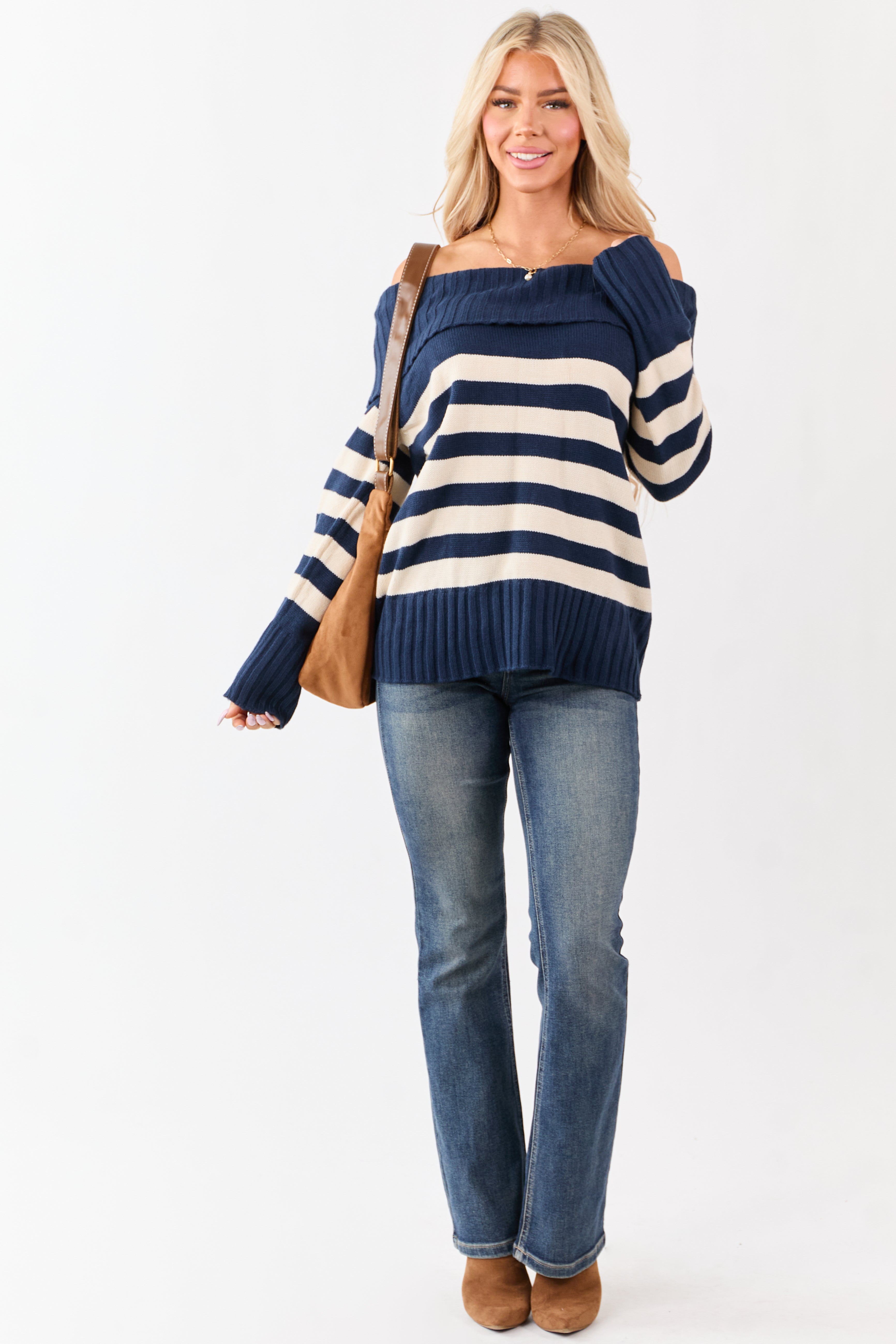 Navy and Cream Striped Off Shoulder Sweater