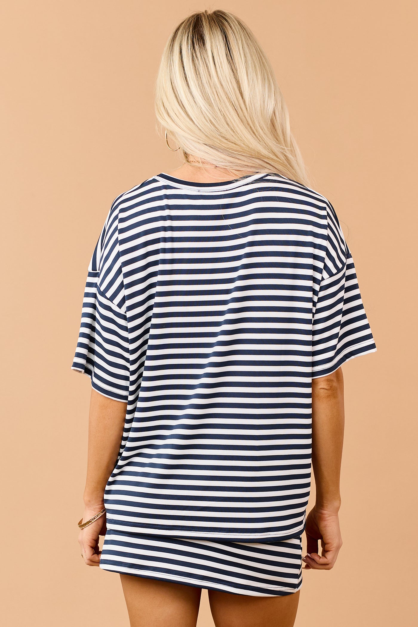 Navy and Ivory Striped Crew Neck Short Sleeve Top