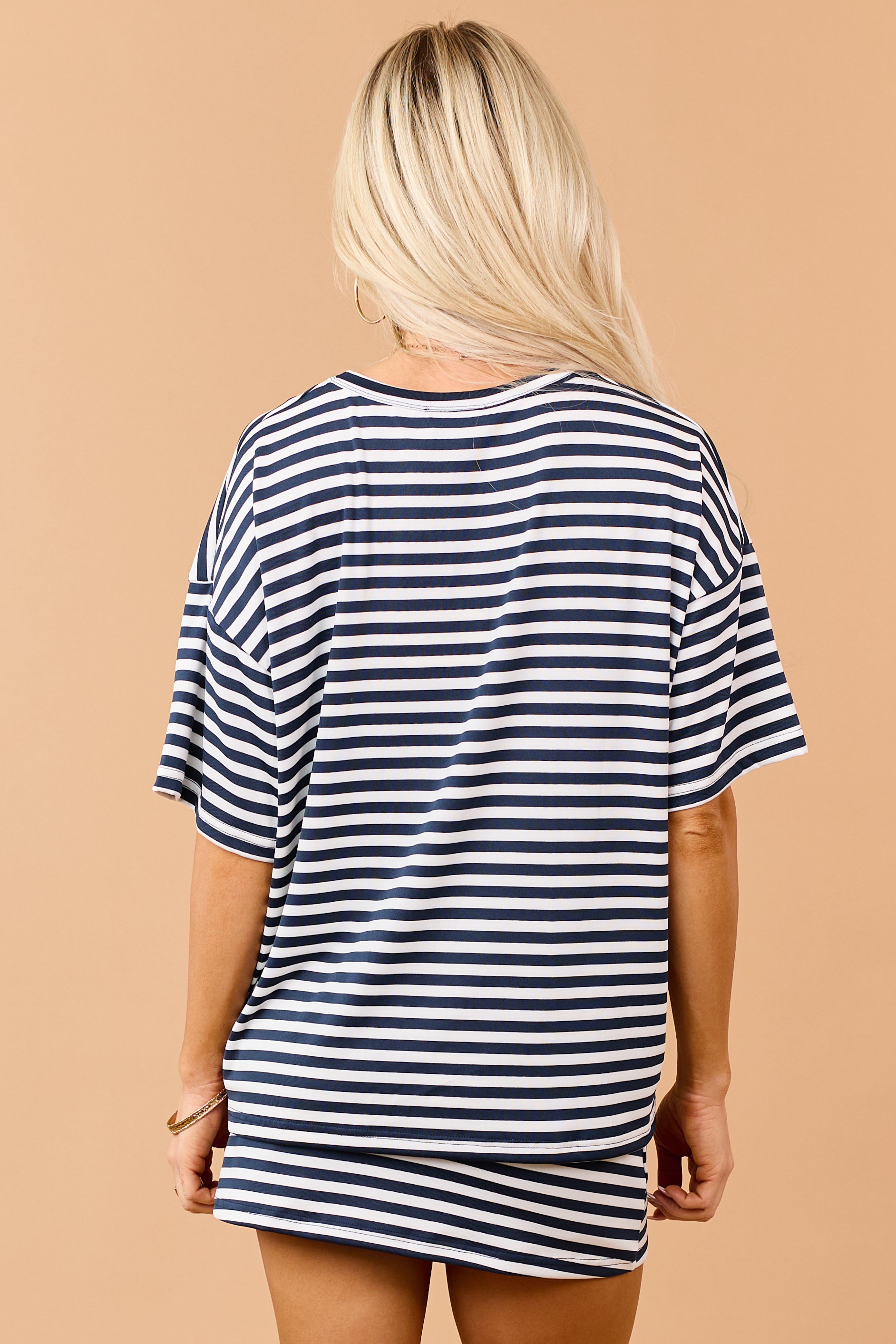Navy and Ivory Striped Crew Neck Short Sleeve Top