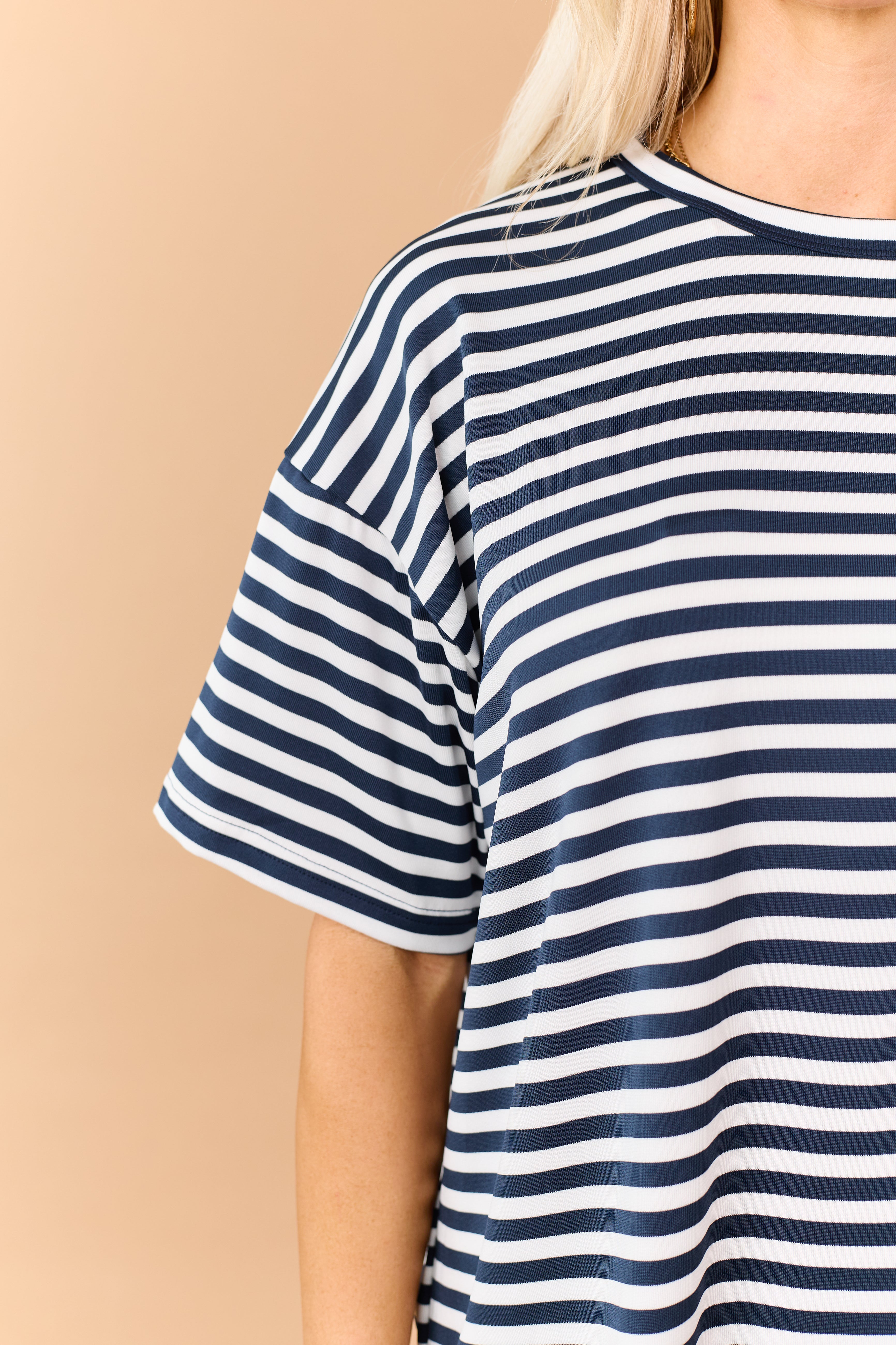 Navy and Ivory Striped Crew Neck Short Sleeve Top