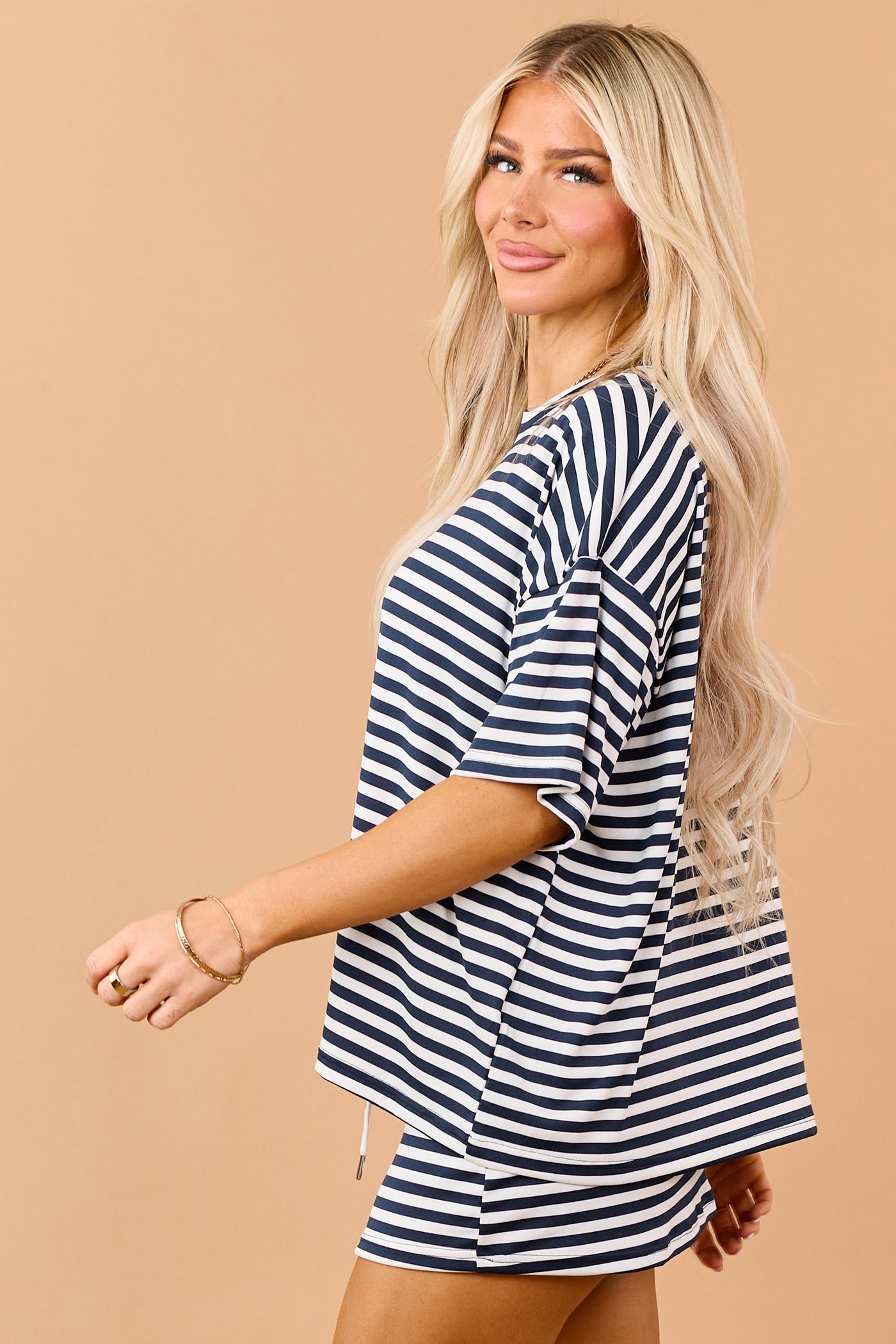 Navy and Ivory Striped Crew Neck Short Sleeve Top