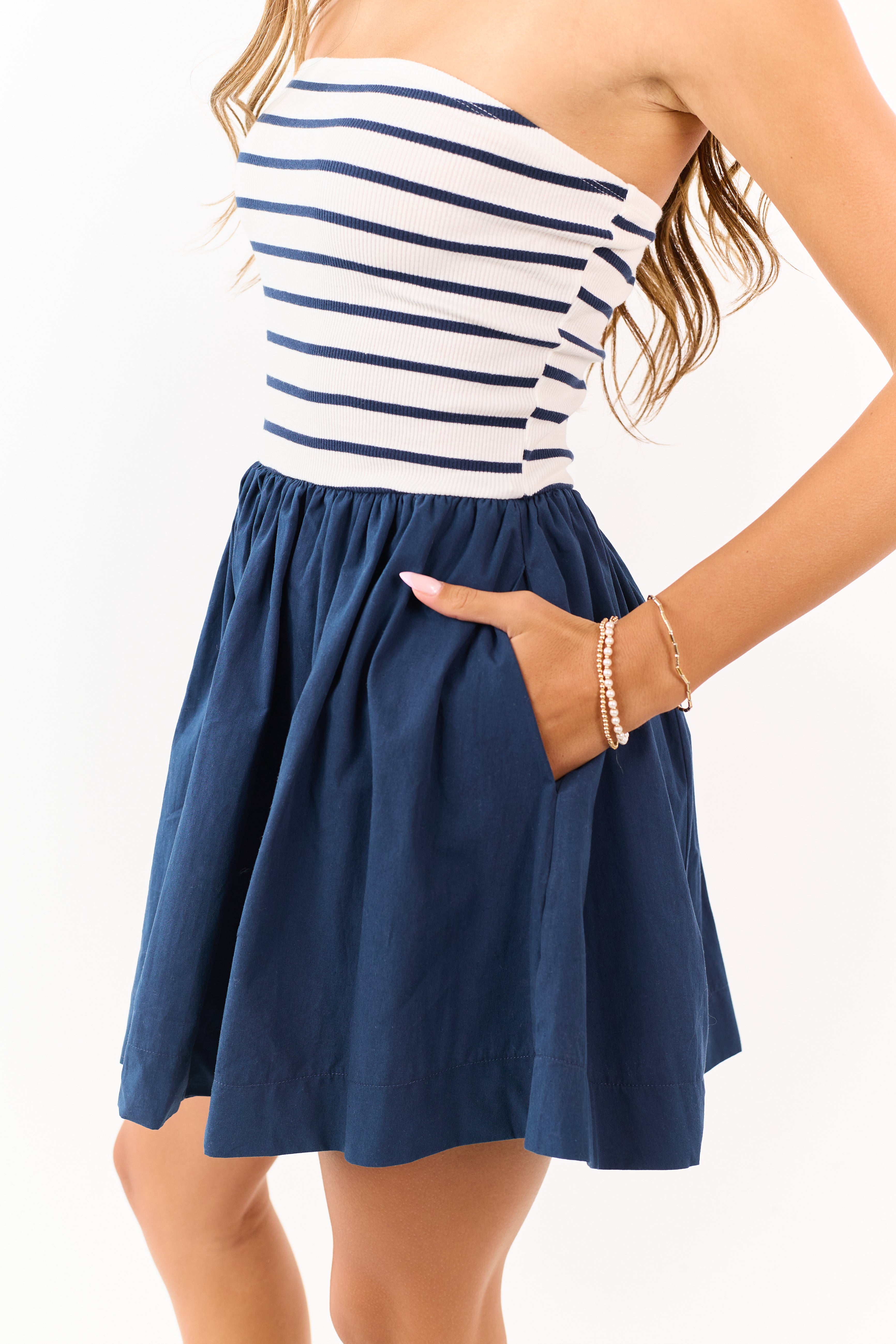 Navy and Ivory Striped Strapless Cotton Mini Dress