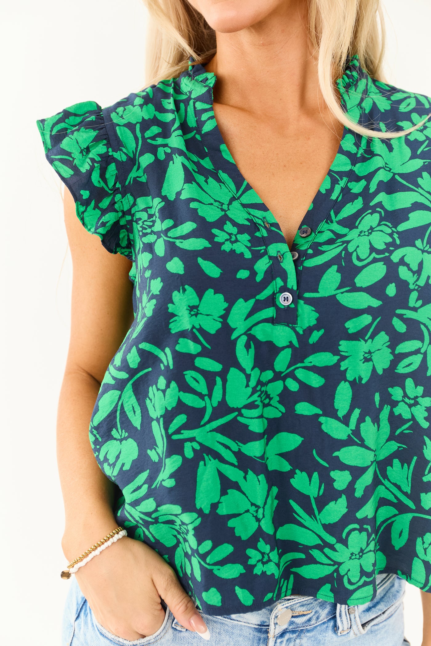 Navy and Jade Floral Print Ruffle Cap Sleeve Top