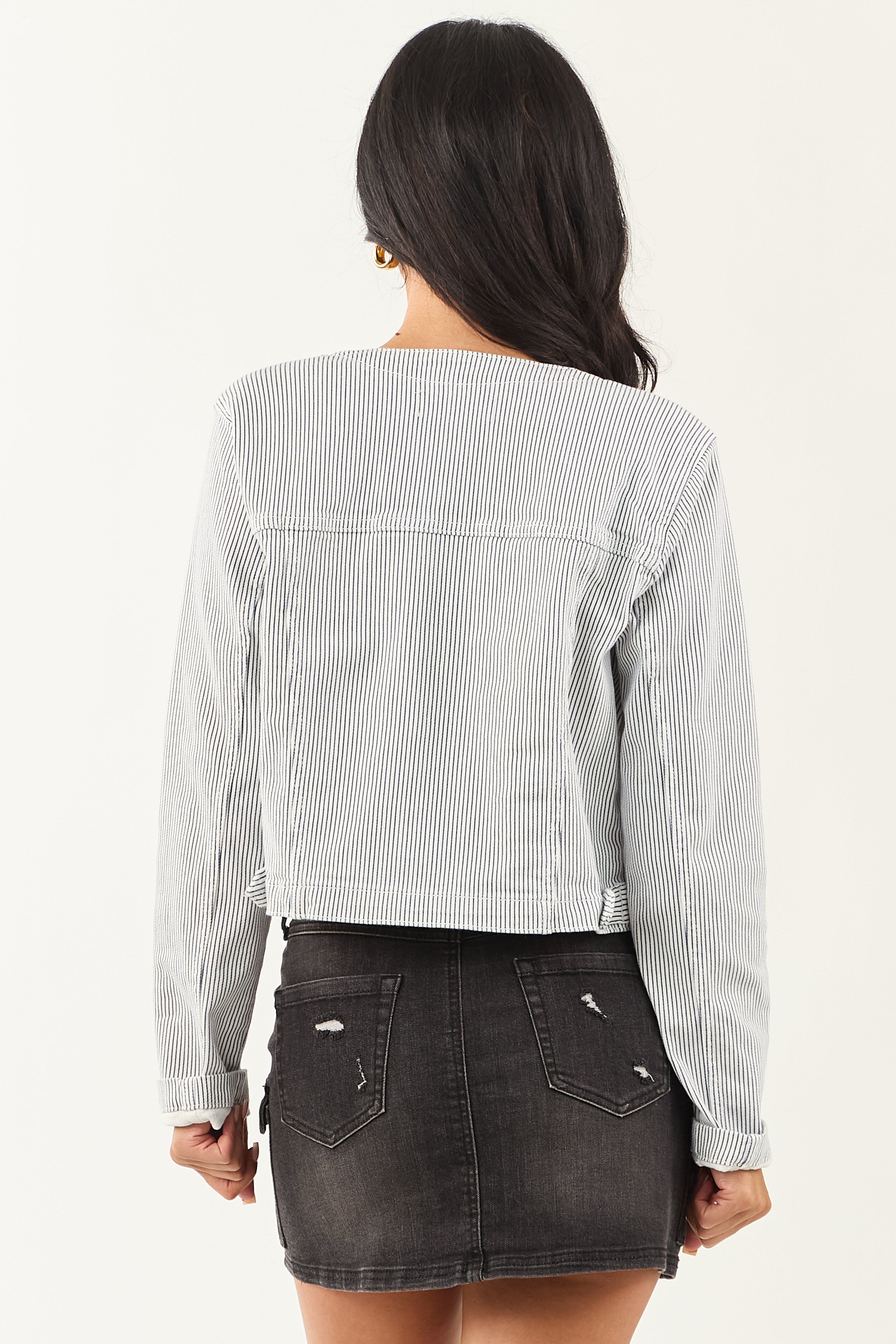 Navy and Off White Pin Stripe Buttoned Denim Jacket