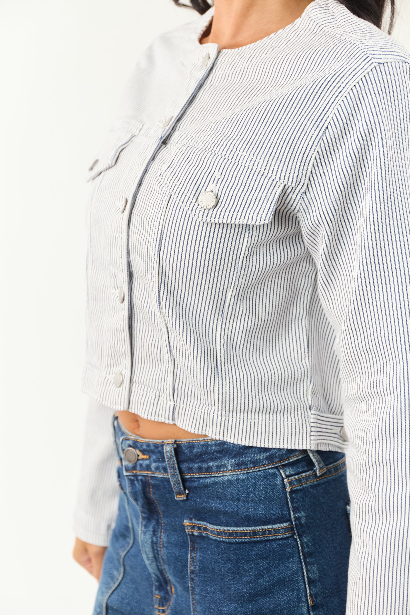 Navy and Off White Pin Stripe Buttoned Denim Jacket