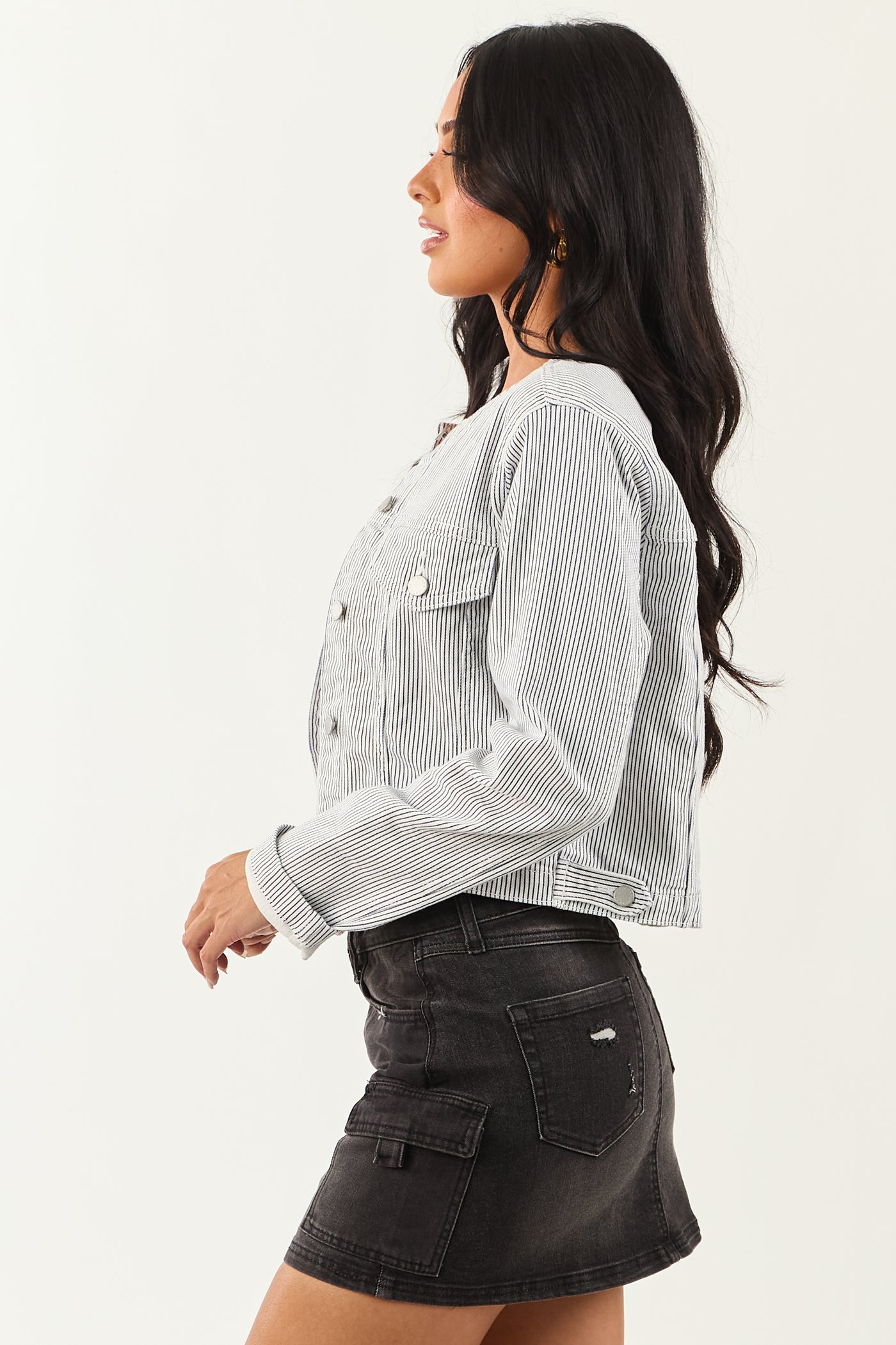 Navy and Off White Pin Stripe Buttoned Denim Jacket