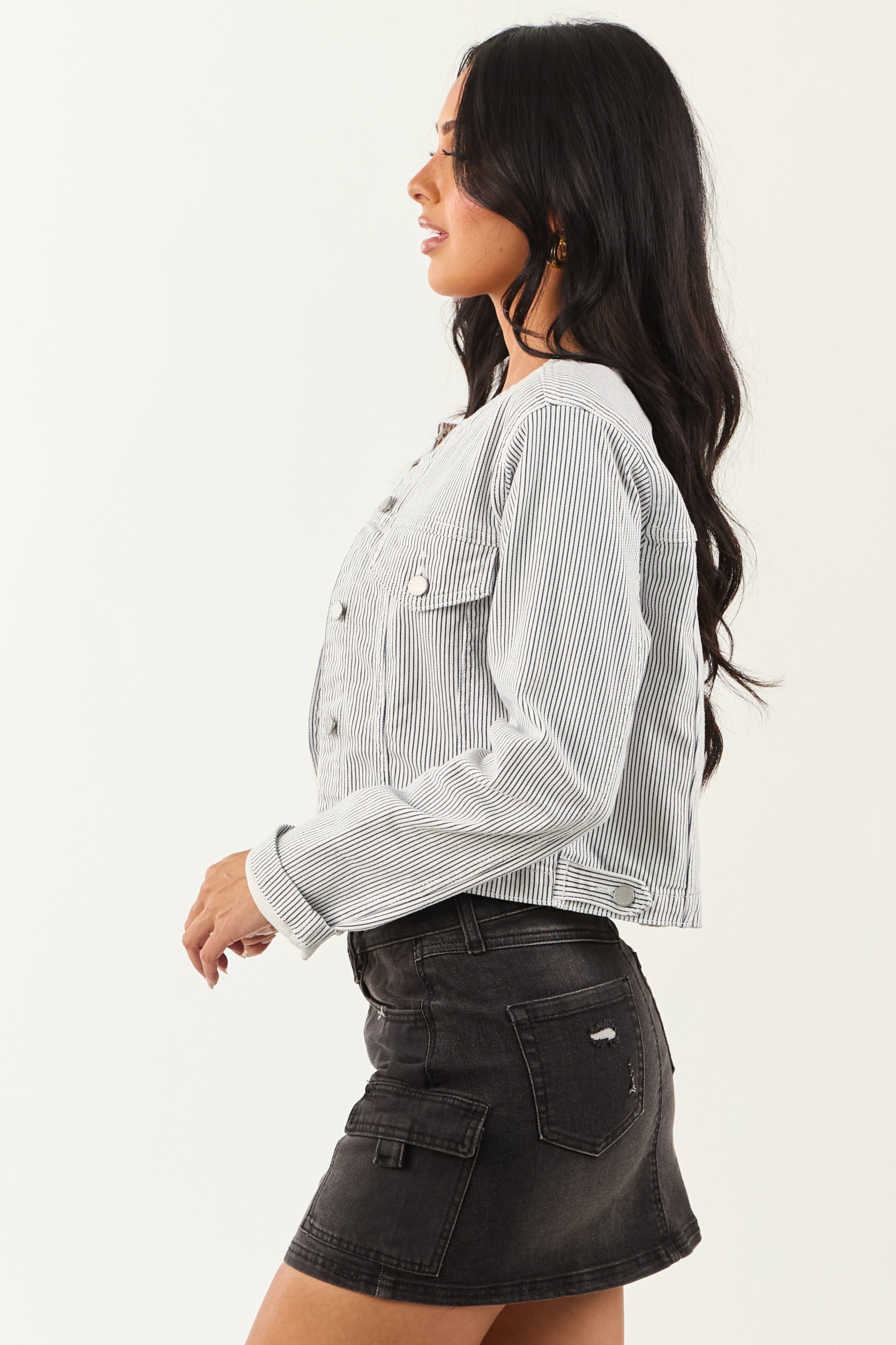 Navy and Off White Pin Stripe Buttoned Denim Jacket