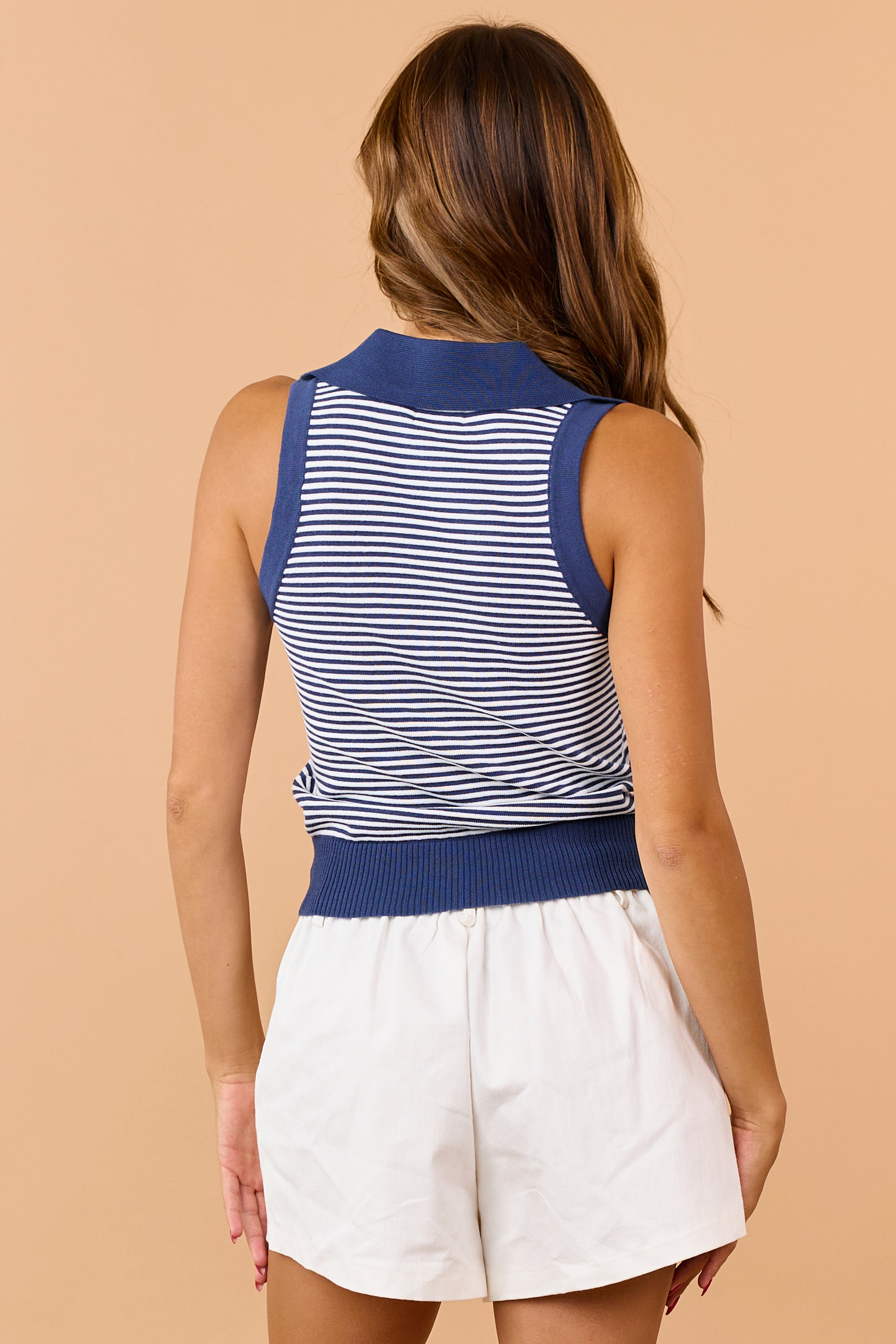 Navy and Off White Striped Collared Cotton Tank Top