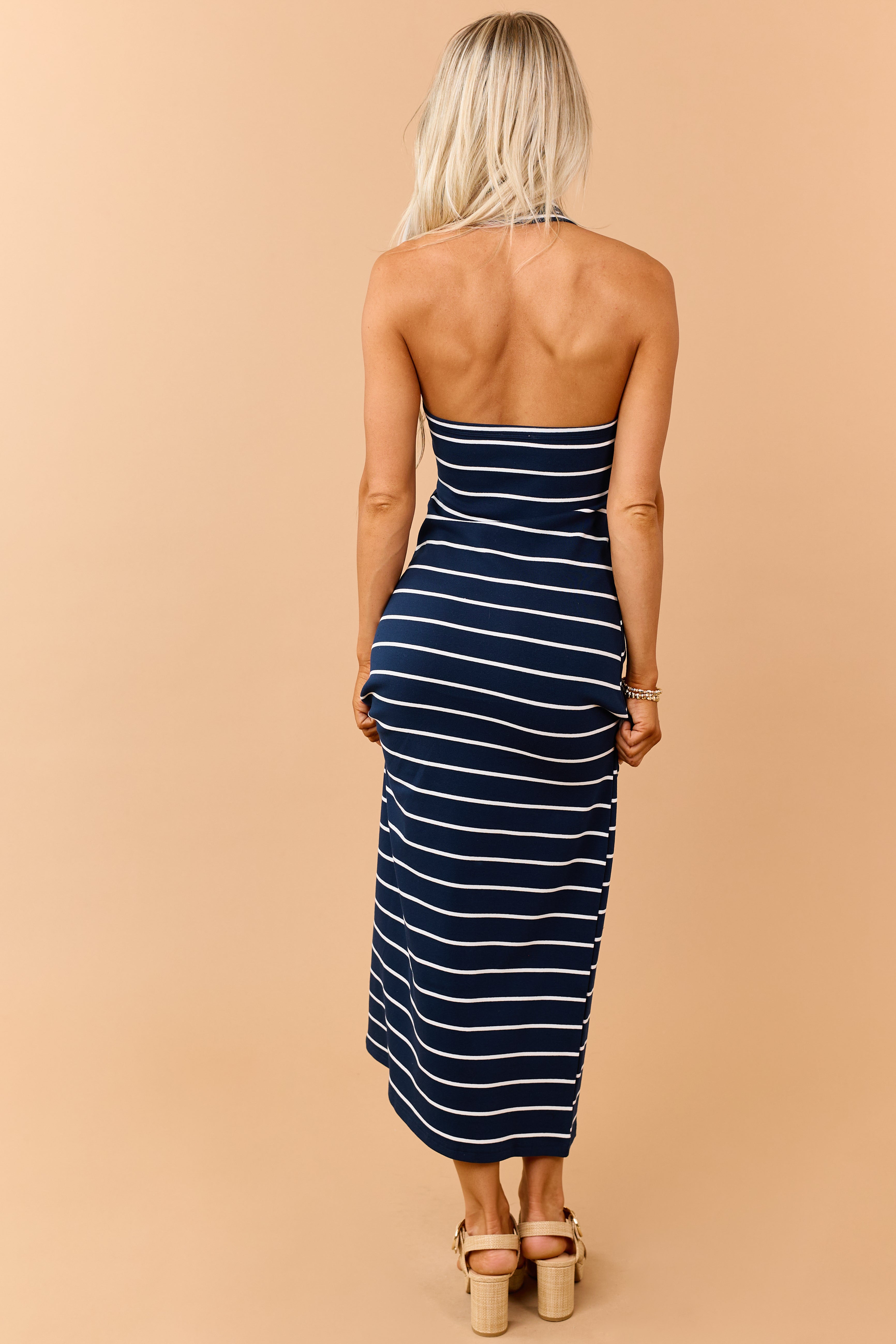 Navy and Off White Striped Halter Maxi Dress
