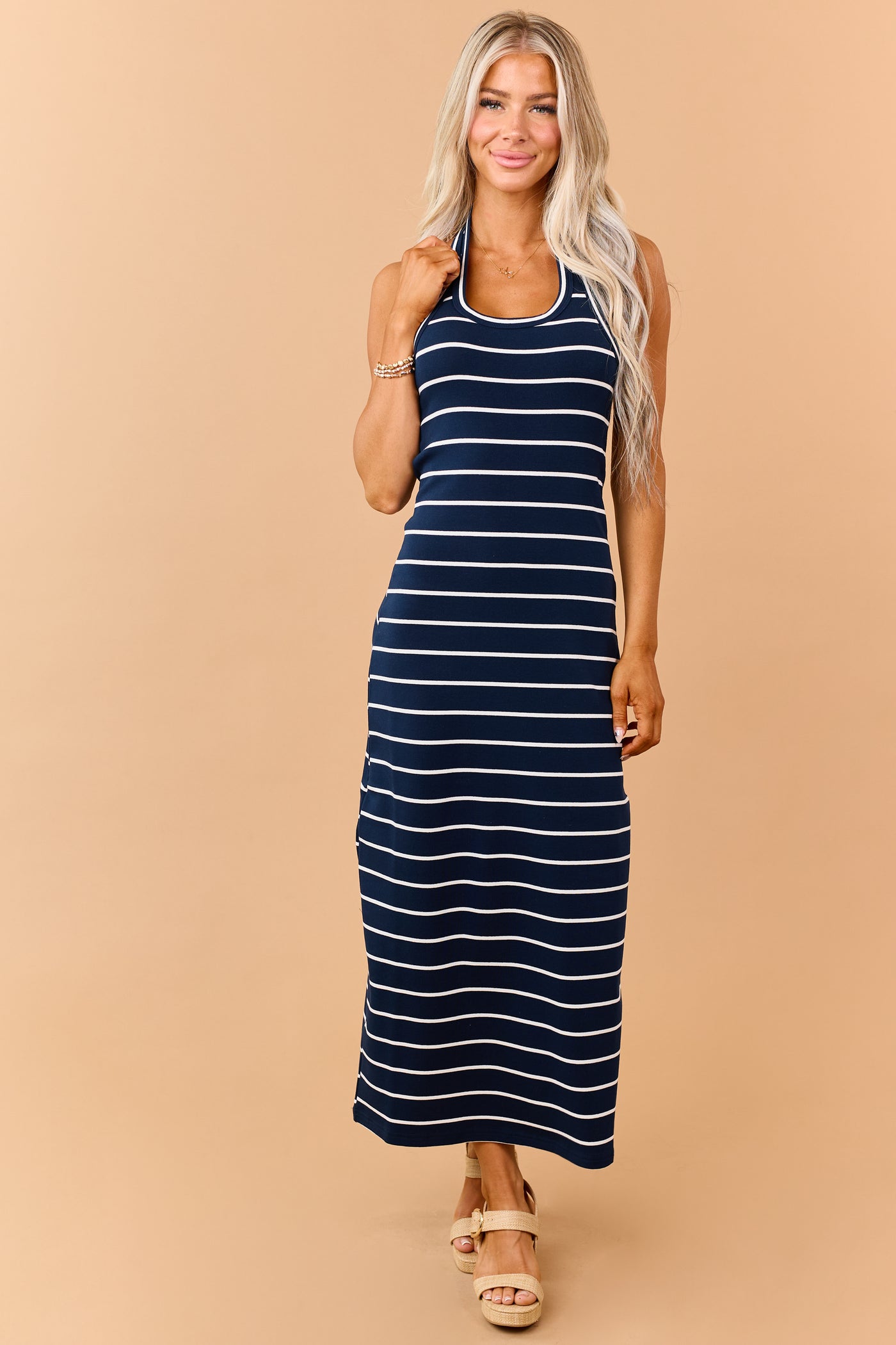 Navy and Off White Striped Halter Maxi Dress