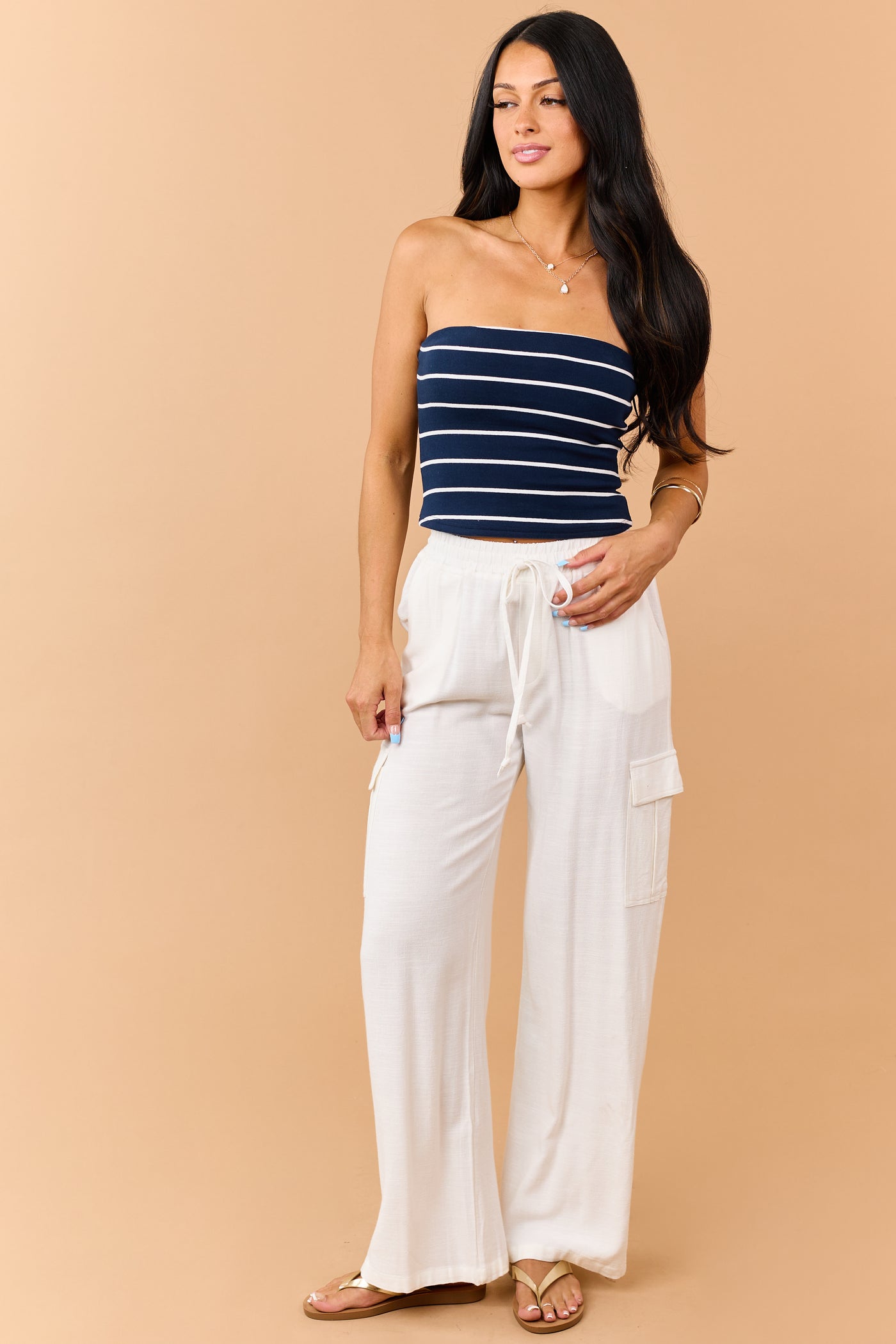 Navy and Off White Striped Strapless Knit Top