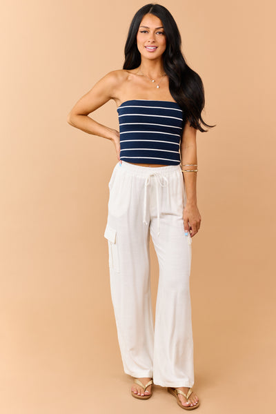 Navy and Off White Striped Strapless Knit Top