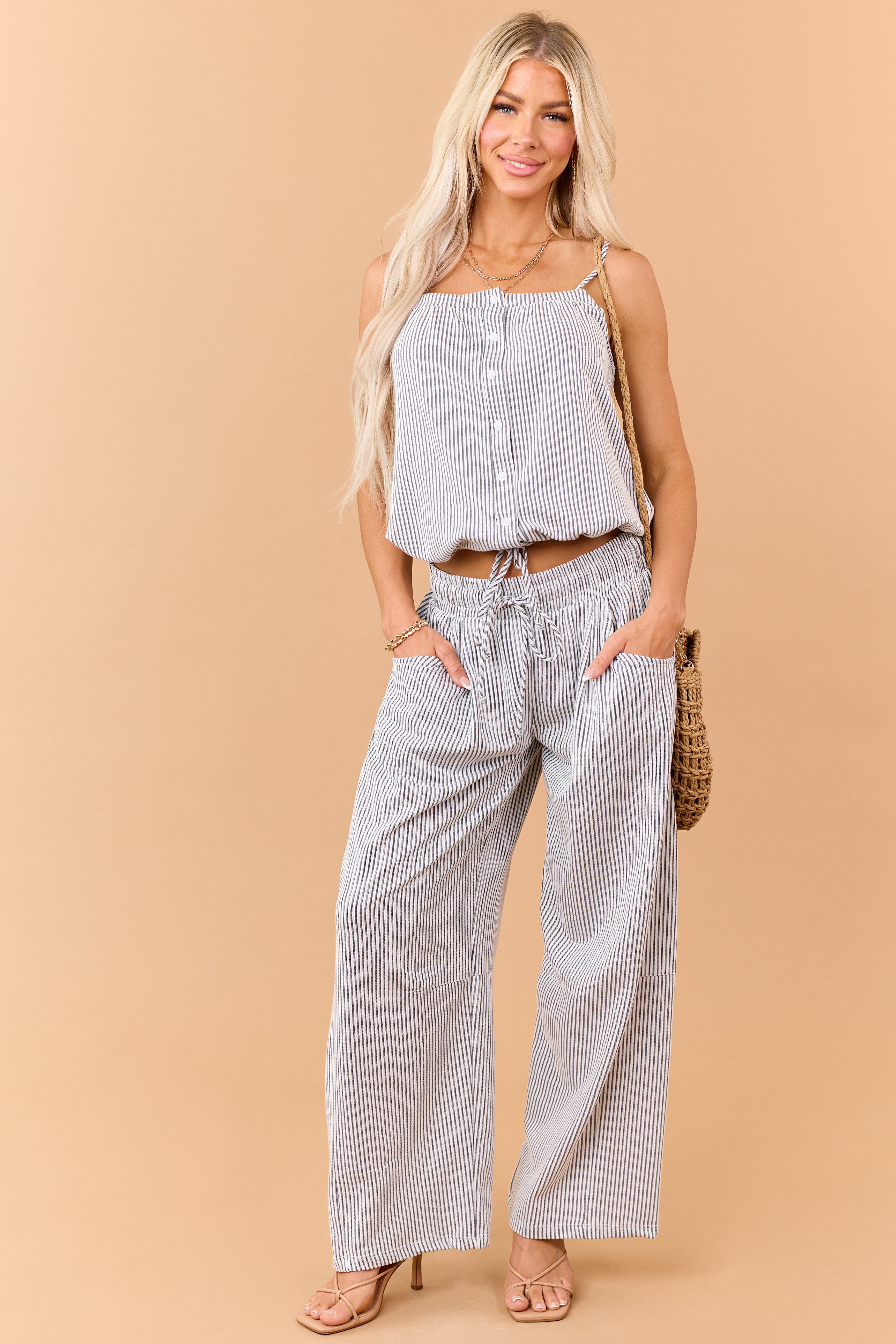 Navy and Cream Striped Wide Leg Pants
