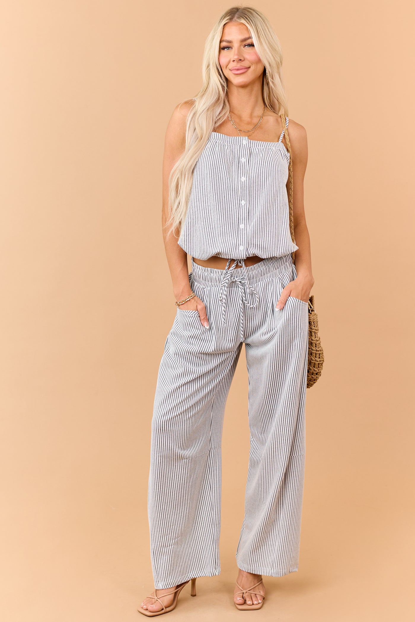 Navy and Cream Striped Wide Leg Pants